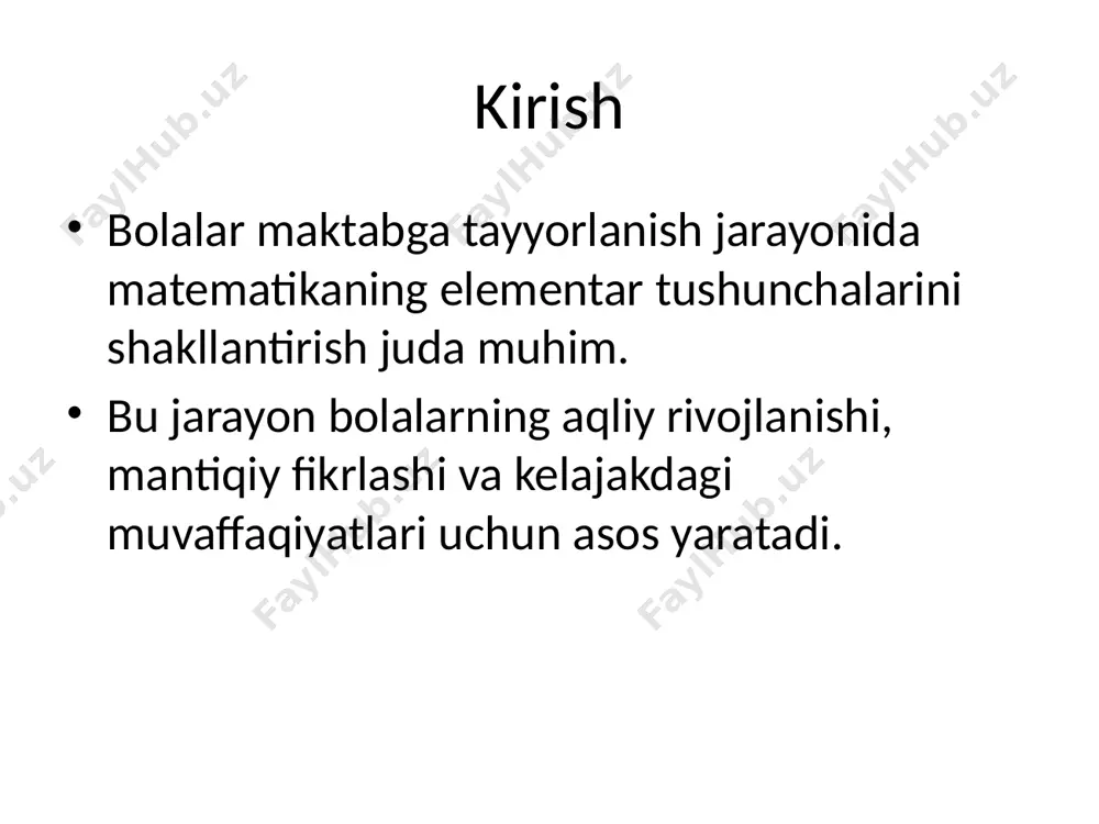 ri matematik qobiliyatni oshirish usullari - interfaol darslar o‘tkazish - ilovalar va elektron dasturlardan foydalanish - amaliy mashqlar orqali o‘rganish - raqamli o‘yinlar va kreativ yondashuvlar ota-onalarning roli - farzand bilan birga mashqlar bajarish - matematik o‘yinlar o‘ynash - kundalik hayotda matematik tushunchalarni tushuntirish - bolaning qiziqishini oshirish o‘qituvchilarning roli - o‘quvchilarga individual yondashuv - o‘yinlar va amaliy mashg‘ulotlar orqali dars o‘tish - bolalarning rivojlanish darajasiga qarab mashqlar tanlash - matematika bo‘yicha qiziqarli darslar tashkil qilish xulosa bolalarni maktabga tayyorlashda elementar matematik tushunchalarni shakllantirish muhim ahamiyatga ega. interfaol metodlar va o‘yinlar yordamida bu jarayon samarali tashkil etilishi mumkin. /docprops/thumbnail.jpeg