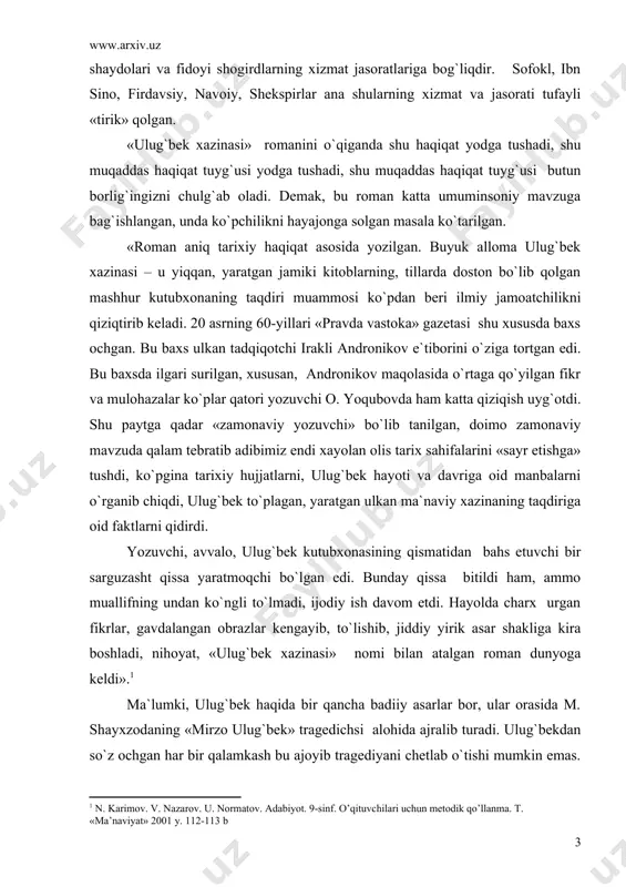 li to`lmadi, ijodiy ish davom etdi. hayolda charx urgan fikrlar, gavdalangan obrazlar kengayib, to`lishib, jiddiy yirik asar shakliga kira boshladi, nihoyat, «ulug`bek xazinasi» nomi bilan atalgan roman dunyoga keldi». ma`lumki, ulug`bek haqida bir qancha badiiy asarlar bor, ular orasida m. shayxzodaning «mirzo ulug`bek» tragedichsi alohida ajralib turadi. ulug`bekdan so`z ochgan har bir qalamkash bu ajoyib tragediyani chetlab o`tishi mumkin emas. odil yoqubov ham m. shayxzodaning tajribalaridan bahramand bo`lgan. roman bilan tragediya orasida talay umumiyliklar mavjud. chunonchi, roman ham xuddi tragediya kabi ulug`bek hayotining so`nggi davrini hikoya qilishdan boshlanadi, tragediyadagi ko`pgina tarixiy faktlar romanda ham tilga olinadi, bir qancha tarixiy shaxslar bu erda ham ishtirok etadilar. shu bilan barobar «ulug`bek xazinasi» faktlar, tarixiy shaxslarning badiiy talqini, o`zining uslubiy, g`oyaviy-badiiy yo`nalishi jihatidan «mirzo ulug`bek» tragediyasidan kesikn farq qiladi. shu o`rinda adabiyot muallimi 7-sinf darsligidan o`rin olgan m. shayxzodaning «mirzo ulug`bek» tragediyasini eslatib o`tsa, foydadan xoli bo`lmaydi; imkon qadar «ulug`bek xazinasi» romani bilan …