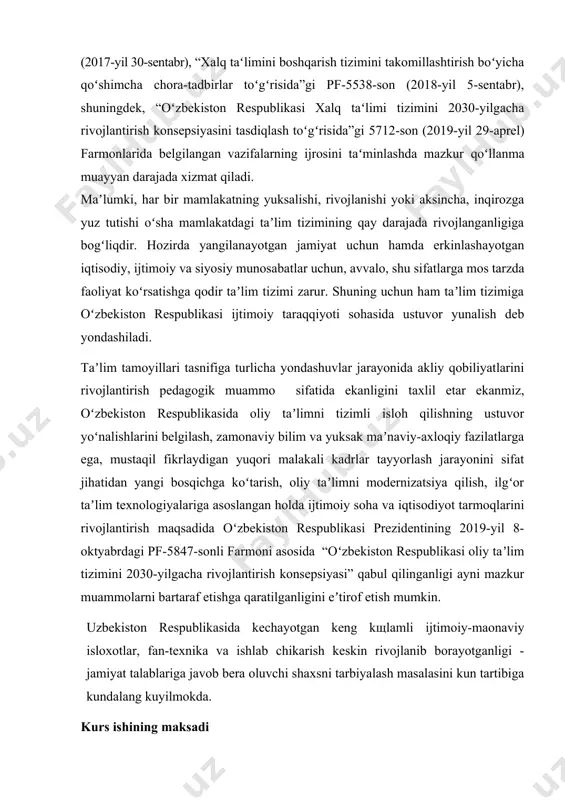 ar taxlili jarayoni. kurs ishi predmeti: taʼlim tamoyillari tasnifiga turlicha yondashuvlar taxlili mazmuni, tamoyillari, bosыichlari, samarali shakl, metod va vositalari. kurs ishi metodlari: muammoga oid pedagogik va psixologik adabiyotlarni taʼlil ыilish; ilyor tajribalarni щrganish; ijtimoiy sщrov; anketa; suxbat; savol-javob; pedagogik kuzatish; pedagogik tajriba; matematik statistika. kurs ishining metodologik asosi. uzbekiston respublikasining konstitutsiyasi, “taʼlim tugrisida”gi konuni, “respublika prezidentining karorlari, dts, ukuv dasturlari va namunaviy rejalari, oliy taʼlim muassasalari faoliyatini yorituvchi xujjatlar, pedagogika, psixologiya va metodika yunalishlarida amalga oshirilgan tadkikotlar, taʼlim mazmunini yorituvchi adabiyotlarda ilgari surilgan goyalar kurs ishining metodologik asosini tashkil etadi. kurs ishi ilmiy yangiligi: 1. taʼlim tamoyillari tasnifiga turlicha yondashuvlar taxlili texnologik loyixasi asoslanadi. 2. taʼlim tamoyillari tasnifiga turlicha yondashuvlar taxlili darajasini aniklash imkonini beruvchi mezonlar ishlab chiыiladi. kurs ishi axamiyati: taʼlim tamoyillari tasnifiga turlicha yondashuvlar taxlili va ularni taʼlim jarayonida axamiyati bilan bir vaqtning oʻzida amalga oshirilishi kerak bulgan imkoniyatlarini urganish, darsning sifat mahsuldorligini oshirish va talabalar bilim …