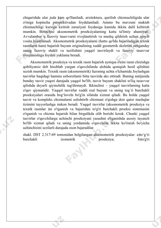 yayalar. 2.aksonometrik proektsiyaning turlarini o'rgatish. maktab chizmachilik kursida o'quvchilar aksonometrik proeksiya-ning ikki turi-qiyshiq burchakli dimetrik proeksiyalar va to'g'ri burchakli izometrik proeksiyalarni o'rganadilar. ma'lumki, kasb-hunar kollejlarining muhandislik grafikasi fanlari chuqur o`rganiladigan yo`nlishlarida aksonometrik proekciyalar mavzusiga alohidama'ruza va amaliy mashg'ulotlar ajratiladi. shu yo'l bilan ushbu tasvir yasash usullarini chuqur nazariy asoslari o'rganiladi. yuqoridagilami hisobga olib mavzuni o'rganish metodika-siga birmuncha kengroq toxtalamiz. darsda aksonometrik va kompleks chizmalarni oquvchilar bilan birgalikda tahlil qilish o'quvchilarning mavzuni oson o'zlashtirishlariga hamda kompleks va aksonometrik tasvirlar osonlashtiradi. aksonometrik proektsiya mavzusini o'rgatishda ularni namoyish qiluvchi ko'rgazmalardan foydalanish. aksonometrik proeksiyalar mavzusini o'rganishda ulami namoyish qiluvchi ko`rgazmalardan foydalanilsa yaxshi natijalarga erishish mumkin (67-68-shakl ) qiyshiq burchakli frontal dimetrik proeksiyaning hosil bo'lishi model yordamida qiyshiq burchakli frontal dimetrik proeksiyani hosil qilish uchun predmetning oldingi qirrasi proeksiyalar tekisligiga parallel, proeksiyalovchi nurlar esa tekislikka o'tkir burchak ostida yo'naltiriladi. bu holda oldingi qirra tekislikka haqiqiy kattalikda proeksiyalanadi, yon va yuqorigi qirralarining kattaliklari esa o`zgaradi (67-shakl). …