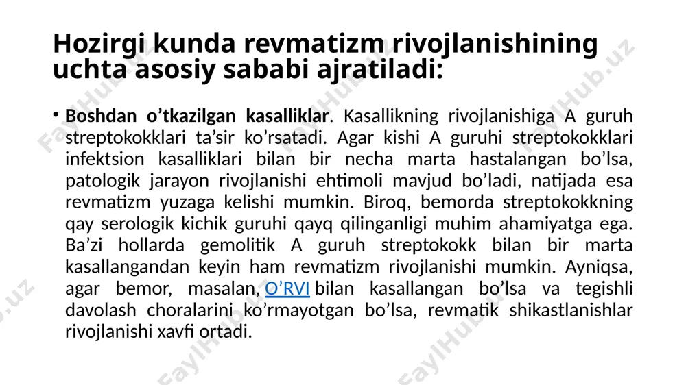 ot sifatini sezilarli darajada kamaytiradi. bemorni bo’g’imlardagi azobli og’riq, shuningdek yurak sohasidagi og’riqlar bezovta qiladi. qay a’zo shikastlanganligiga qarab, revmatizm quyidagi turlarga bo’linadi: revmatizmning yurak shakli. kasallikning bu shaklida yurak mushaklari ta’sirlanadi. bunday holatda bemorlardagi og’riqlar bir-biridan farq qiladi: kimdadir yaqqol og’riq, boshqalarda esa mo’tadil og’riq qayq qilinadi. dastlabki bosqichlarda revmatizmning yurak shakli deyarli namoyon bo’lmaydi va faqat muayyan instrumental tadqiqotlar, masalan, ekg yordamida aniqlanadi. kasallikning so’nggi bosqichlarida og’ir yurak shikastlanishi va o’tkir yurak yetishmovchiligi rivojlanadi, bu yurak mushakining qisqaruvchi qobiliyatining pasayishiga olib keladi. revmatizmning bo’g’im shakli. revmatizmning bo’g’imli (artikulyar) shaklida faqat bo’g’imlar yoki yurak bilan bo’g’imlar shikastlanishi mumkin. odatda, revmatizmning bo’g’im shakli katta bo’g’imlarga ta’sir qiladi va oxirgi bosqichlarda patologik jarayon kichik bo’g’imlarni ham qamrab oladi. sekin-asta bo’g’im xaltachasi va tog’aylarning shikastlanishi ro’y beradi. kuchli og’riq tufayli, bemor shikastlangan bo’g’imni harakatlantirishi qiyinlashadi. bo’g’im revmatizmining o’tkir shaklida yoki xuruj davrida tana harorati 39 °c ga qadar ko’tarilishi mumkin. revmatizmning nevrologik …