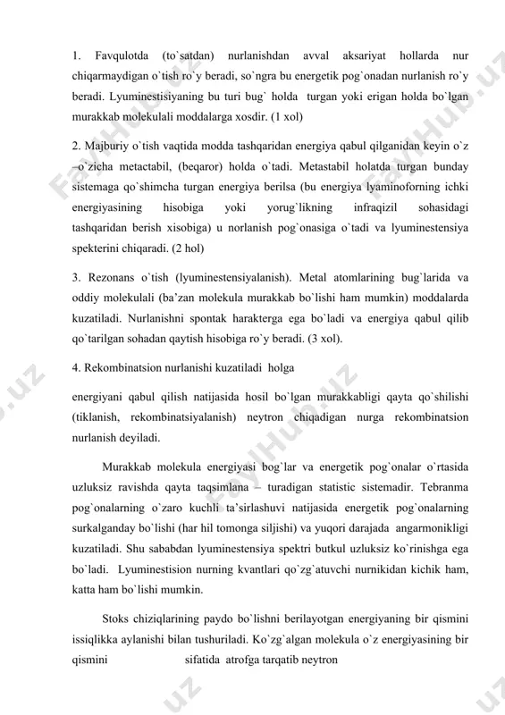 o`lishini ahamiyati juda katta. svetotexnikada bunday moddalar sari ko`proq darajada materiallarni yorug`lik ta’sirini saqlashga qo`llanilmoqda. molekulalarning optik spektroskopiyasi. molekuladagi harakatning ko`rinishlari va molekulyar spektrlarining xillari. molekulalar atomlarga qarama –qarshi o`laroq ikki yoki undan ortiq atomlardan tashkil tonganligi uchun ularning harakati atomlardagidan murakkabroq bo`ladi: 1. elektronlarning molekuladagi holatini o`zgarishga olib keluvchi elektron o`tishlar. 2. yadrolarning nisbiy joylashishining davriy o`zgarishi bilan bog`liq bo`lgan tebranma harakat. 3. fazoviy yo`nalish (orientatsiya) ning davriy o`zgarishi bilan bog`liq bo`lgan tebranma harakat. molekula yaxlit bir sistema sifatida o`zining fazoviy yo`nalishini davriy ravishda o`zgartirib turadi. bunday harakatga aylanma o`tish deyiladi. atomning optik spektri chiziqli tuzilishga molekulalarniki esa yo`lli tuzilishga ega. molekulaning energiyasi yuqorida aytilgan uch xil energiyaning additiv yig`indisiga teng deb hisoblash mumkin, chunki o`zaro ta’sir hisobga olingudek bo`lsa, masala atomli molekulaning energetic pog`onalari sxematik ravishda keltirilgan: v – tebranma kvant soni j – aylanish kvant soni e – elektron energetik pog`onalar v – tebranma energetik pog`onalar j …