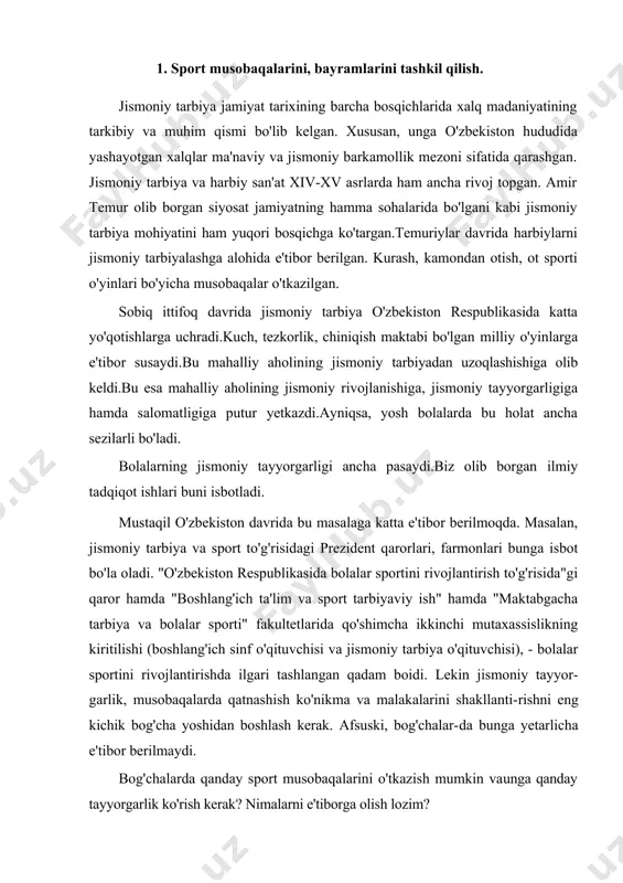 shlangan qadam boidi. lekin jismoniy tayyor-garlik, musobaqalarda qatnashish ko'nikma va malakalarini shakllanti-rishni eng kichik bog'cha yoshidan boshlash kerak. afsuski, bog'chalar-da bunga yetarlicha e'tibor berilmaydi. bog'chalarda qanday sport musobaqalarini o'tkazish mumkin vaunga qanday tayyorgarlik ko'rish kerak? nimalarni e'tiborga olish lozim? tuman va shahar birinchiligida: futbol, 10-20 m. ga tez yugurish, estafetalar, velosipedda yurish, sport konkurslari, quvnoq startlar, 4x10 m. mokkisimon yugurish va turli musobaqalar dasturga kiritilgan. shu musobaqalar yuqoridan (tuman, shahar, respublika) kelgan musobaqalar kalendariga asosan yoki o'qituvchilar-tarbiyachilarning o'z tayyorgarligi asosida boshlanadi. bunday tayyorgarliklar jismoniy tarbiya mashg'ulotlarida, kuntartibida o'tkaziladigan jismoniy tarbiya jarayonida olib boriladi hamda o'yinlar orqali musobaqaga oid harakatlar hisobida o'tkaziladi. masalan estafeta o'yini, yoki "kim uzoqqa sakraydi?", "eng mergan", "mokkisimon yugurish" va boshqalar. 3-4 yoshdagi bolalar uch g'ildirakli velosipedda uchishni juda yoqtiradilar, 5 yoshdan yuqori ikki g'ildirakli velosipedda uchishni o'rgatish mumkin.velosipedda uchishning ahamiyati shundaki, bola ko'p vaqt havoda bo'ladi hamda muskullarini, ayniqsa, oyoq muskul-larini mustahkamlaydi. bulardan tashqari, muvozanat saqlash …