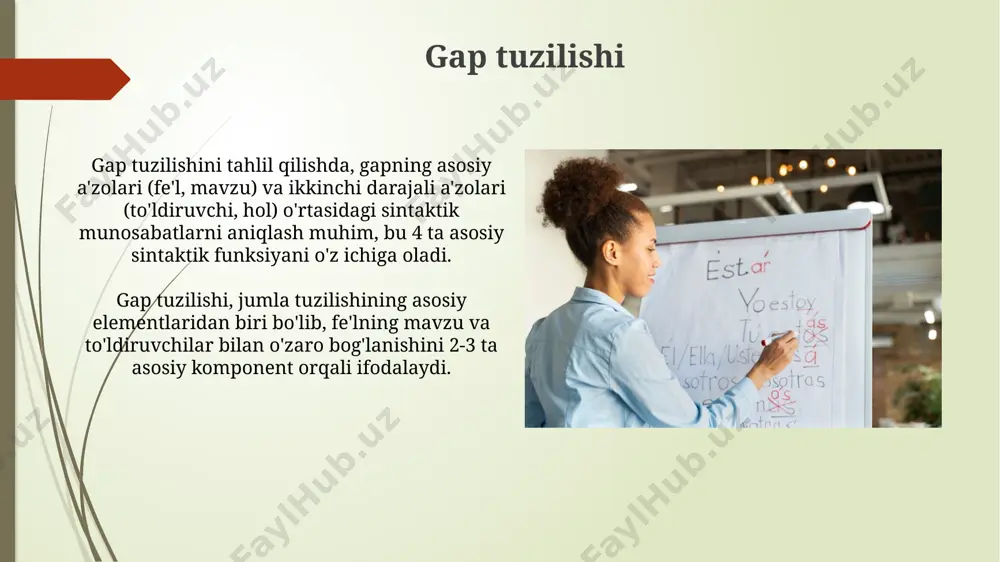 ammatika soʻzlarning oʻzaro bogʻlanish qoidalari va gap tuzilishi haqidagi fan boʻlib, 8 ta asosiy soʻz turkumini (ot, sifat, fe'l, ravish va boshqalar) oʻrganadi. gapning asosiy a'zolari – kesim va ega boʻlib, ularning oʻrtasidagi munosabatlar grammatikaga muhim hisoblanadi; qoʻshimchalar esa 3 ta asosiy toifaga boʻlinadi. gap bo'laklari gap boʻlaklari jumlaning asosiy a’zolari (fe’l va kesim) bilan bogʻliq boʻlib, ularni toʻldirib, izohlash yoki aniqlash vazifasini bajaradi va 5 tagacha boʻlishi mumkin. gap boʻlaklarini aniqlashda soʻzlarning grammatik shakllari va ularning jumladagi oʻrni, shuningdek, ma’nosi muhim ahamiyatga ega boʻladi, masalan, 2 ta aniqlovchi boʻlishi mumkin. e'tiboringiz uchun rahmat @taqdimot_robot image1.jpg image2.jpg image3.jpg image4.jpg image5.jpg image6.jpg image7.jpg image8.jpg image9.jpg image10.jpg image11.jpg image12.jpg