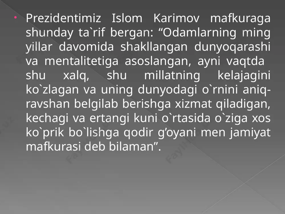 ng namoyon bo`lish xususiyatlari. g’oyaning yuksak hayotidagi o`rni va ahamiyati juda muhim falsafiy masaladir. inson o`zi g’oyalarni yaratadi, ulardan kuch-quvvat oladi. o`zi yaratgan g’oyalar insonning ongi va shuurini, tafakkuri va e`tiqodini egallab, uning sohibiga aylanadi. yuksak g’oyalar odamlarni olijanob maqsadlar sari etaklaydi. g’oya etuk e`tiqodi butun, qadriyatlari yuksak insonnigina mardlik namunalarini ko`rsata oladi. toki dunyoda taraqqiyotga intilishi, bunyodkorlik hissi bor ekan, jamiyatda ilg’or g’oyalar tug’ilaveradi. buzg’unchi g’oyalarning vujudga kelishiga esa vayronkor intilishlar sabab bo`ladi. shunday ekan, ularga qarshi kurashga tayyor turish, ya`ni doimo xushyor va ogoh bo`lib yashamoq hayotning asosiy zaruriyati bo`lib qolaveradi. milliy g’oya va mafkura o`zida gumanizm talablarini, xalqning iroda va intilishlarini aks ettirgan taqdirda jamiyatni birlashtirib, uning salohiyati va imkoniyatlarni to`la yuzaga chiqarishda beqiyos omil bo`ladi. masalan, xx asrda dunyo hamjamiyati tomonidan tan olingan yaponcha taraqqiyot modelini olaylik. yapon milliy mafkurasi “milliy davlatchilik tizimi (kokftay)”, “fuqarolik burchi”, “yapon ruhi”, “tadbirkorlik”, “umummilliylik”, “fidoiylik”, “vatanparvarlik”, “poternolizm”, “jamoaga sadoqat”, “modernizaciya” …