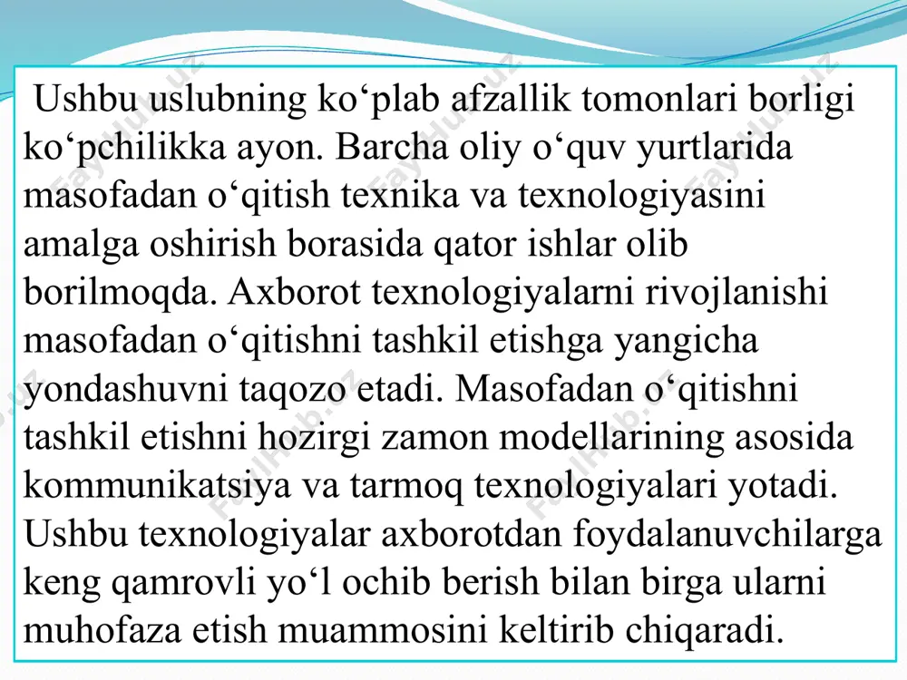 tur(kontrast, yorug'lik, ranglilik va rasm orientatsiyasini o’zgartirish). - photopaint – rasmni skanerlash hamda materialga dastlabki ishlov berishga imkon beruvchi dastur(tuzatish, rang o’zgartirish, orientatsiya, masshtab, gamma nurlari bilan to’yinganlik va b. ni o’zgartirish). rasm yaratish va tahrirlash sizga tanish. bu yerda keng tarqalgan dasturiy vositalarga qisqacha ta’rif berib o’tamiz: photoshop – grafik fayllarni qayta ishlashga imkon beruvchi dasturiy mahsulot- stoik artmen – stoik software dasturiy mahsulotlari safiga kiradi va turli rassomlar tomonidan chizilganga o’xshatib qayta ishlashga yordam beradi, masalan, akvarelda, moybo’yoqda, o’yma naqsh, emal va b. - paint – rasm orientatsiyasini o’zgartirish, tozalash, belgilangan maydonni kesib olishga imkon beruvchi standart grafik muharrir. faqatbmp vapcx fayllari bilan ishlaydi. tovushni qayta ishlash. fonograf– windows 95ning(cd-disklar, mikrofon va chiziqli) ovoz yozishga va uni tahrirlash(ovozni ko’tarishg’pasaytirish, tezlikni ko’tarishg’pasaytirish, exo effekti yaratish)ga imkon beradigan standart dasturi. audio grafika (ovozli tasvir) audio grafika deganda biz asosan ovozli chastotalarni yoki to’qinlarni tasvir holida ifodalanishini tushinamiz . misol uchun …