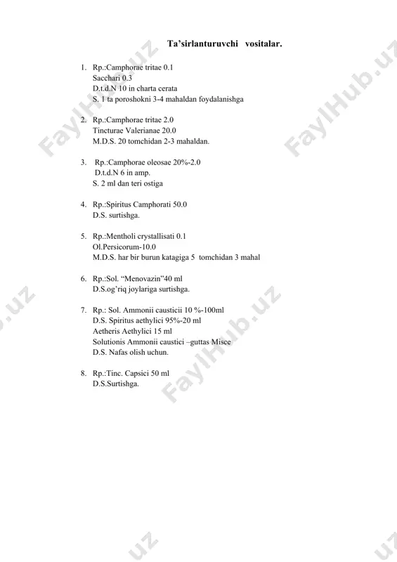 an alishtirib, 1 - 2 choy qoshiqdan giperatsid gastritda ovqatdan 30 min oldin ichilsin 2. rp.: vismutii subnitratis 0.5 d.t.d.n 6 in tabl. s. ichga 1 tabletkadan 2 - 3 mahaldan ovq. 15 - 30 min oldin 3. rp.: vismutii subnitratis magnesii oxydii aa 0.5 d.t.d.n 12 in tabl. s. ichga 1 tabletkadan 2 - 3 mahaldan ovq. 15 - 30 min oldin 4. rp.: vismutii subnitratis 3.0 vazelini albi lanolini aa 15.0 m.f.ung d.s. 2 mahaldan tashqi qo’llash uchun 5. rp.: tab. “vicalin” n10 d.s. ichga 1 tabletkadan 3 mahaldan ovq.keyin 6. rp.: tab. ”de - nol”0.12 n56 d.s.ichga 1 tab 4 mahaldan .ovq. 30 min oldin 7. rp.: magnesii oxydi 0.5 d.t.d.n 30 in tabl. s. ichga 1 tab. 2 mahal dan. 8. rp.: tannini 1.0 glycerini ad 10 ml m.d.s. surtishga tomoqga 9. rp.: sol. tannini 0.5 % - 1000 ml d.s.oshqozonni yuvish uchun 10. rp.: tannini …