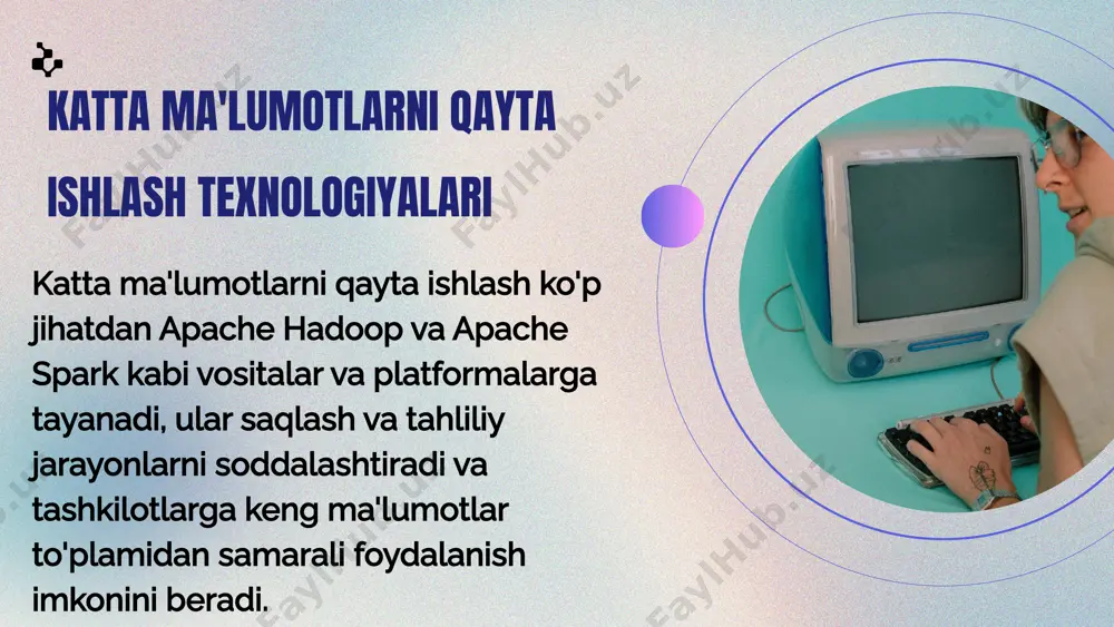 park kabi vositalar va platformalarga tayanadi, ular saqlash va tahliliy jarayonlarni soddalashtiradi va tashkilotlarga keng ma'lumotlar to'plamidan samarali foydalanish imkonini beradi. apache hadoop apache hadoop - bu oddiy dasturlash modellaridan foydalangan holda kompyuterlar klasterlari bo'ylab katta ma'lumotlar to'plamlarini taqsimlangan saqlash va qayta ishlashni osonlashtiradigan ochiq manbali ramka. uning kengayishi va xatolarga chidamliligi uni katta hajmdagi ma'lumotlar bilan ishlaydigan korxonalar uchun mashhur tanlovga aylantiradi. apache spark apache spark - bu katta ma'lumotlar to'plamlarini qayta ishlashda tezligi va foydalanish qulayligi bilan mashhur bo'lgan yagona tahlil mexanizmi. u sql, oqim, mashinani o'rganish va grafiklarni qayta ishlash uchun o'rnatilgan modullarni taklif qiladi, bu uni turli ma'lumotlar vazifalari uchun ko'p qirrali qiladi. ilovalar va kelajak tendentsiyalari katta ma'lumotlar tahlili va mashinani o'rganishning roli biznes operatsiyalarini o'zgartirish, innovatsiyalarni rag'batlantirish va qaror qabul qilish jarayonlarini yaxshilashdir. biznesda ma'lumotlar tahlili ma'lumotlar tahlili biznesga tendentsiyalarni aniqlash, operatsiyalarni optimallashtirish va mijozlar tajribasini yaxshilash imkonini beradi. kompaniyalar ma'lumotlarning strategik rejalashtirishga muhim …