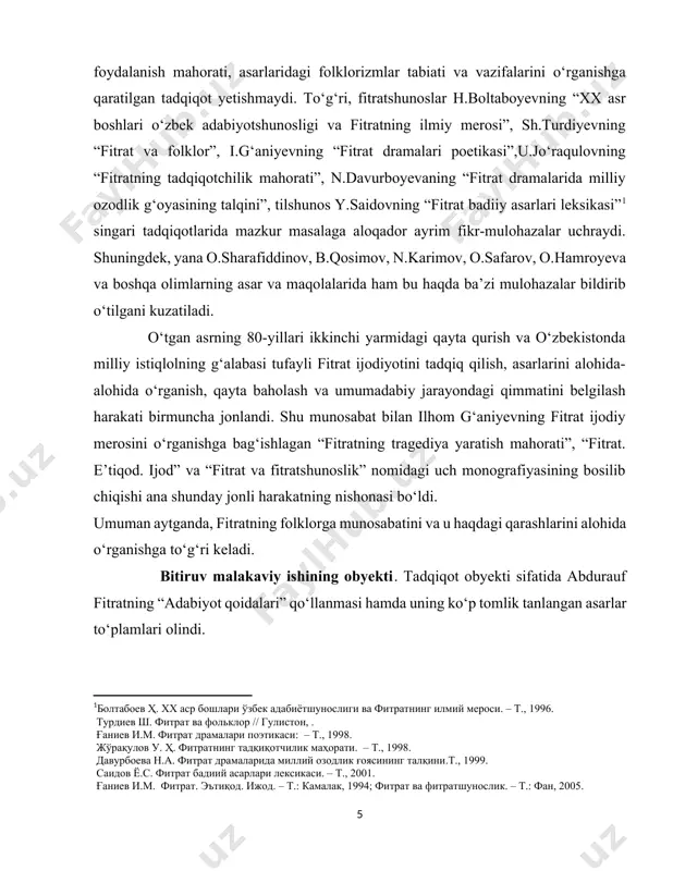 ab ko‘rsatadi. bitiruv malakaviy ishining amaliy ahamiyati. ushbu ishning asosiy tahliliy xulosalari va umumlashmalari nafaqat a.fitratning o‘zbek folklori janrlari tabiati xususidagi qarashlarini o‘rganishda, balki uning va u bilan zamondosh ijodkorlarning xalq ijodi an’analariga munosabatini qiyosiy tadqiq qilishda o‘ziga xos nazariy ahamiyat kasb etadi. ishda keltirilgan dalillar, nazariy fikr-mulohazalardan oliy o‘quv yurtlarida, akademik litsey va kollejlarda, o‘rta maktablarda adabiyot va folklor fanlari bo‘yicha maxsus kurslar o‘tishda yoki dars mashg‘ulotlari olib borishda foydalanish mumkin. bitiruv malakaviy ishining tuzilishi. ish kirish, ikki asosiy bob, xulosa va foydalanilgan adabiyotlar ro‘yxatidan iborat i bob fitrat - adabiyotshunos olim i.1 fitrat - mumtoz adabiyot tadqiqotchisi fitratni adabiyotshunos olim sifatida mumtoz adabiyot, biror shoirning umuman ijodigina emas, balki ayrim olingan asarlar ham qiziqtirgan. bu borada uning “devoni lug’at-it turk”, “hibat-ul haqoyiq”, “ming bir kecha” haqida yaratgan tadqiqotlari, “qutadg’u bilig”, “farhod va shirin” dostoni to`g’risida” nomli maqolalari e`tiborga molikdir. fitratning maqolasi yana shunisi bilan e`tiborliki, u faqat o`zining …
