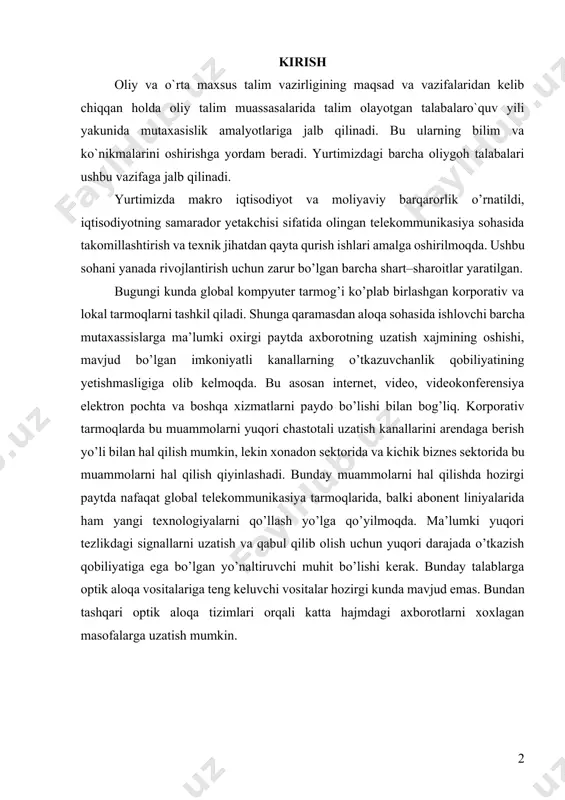 ikasiya tarmoqlarida, balki abonent liniyalarida ham yangi texnologiyalarni qo’llash yo’lga qo’yilmoqda. ma’lumki yuqori tezlikdagi signallarni uzatish va qabul qilib olish uchun yuqori darajada o’tkazish qobiliyatiga ega bo’lgan yo’naltiruvchi muhit bo’lishi kerak. bunday talablarga optik aloqa vositalariga teng keluvchi vositalar hozirgi kunda mavjud emas. bundan tashqari optik aloqa tizimlari orqali katta hajmdagi axborotlarni xoxlagan masofalarga uzatish mumkin. 15-kun, 28.04.2021 y. atoqli jurnalist boris babayevning tatu o‘quv media markaziga tashrifida qatnashdim va master-klasslari uyushtirilishida guvoh bo’ldim. mtrk bilan tatu o‘quv media markazi hamkorligida ko‘rsatuvlar tayorlashga kelishib olinishiga ham guvoh bo’ldim. tadbir 2021 – yil 30 – mart kuni soat 14:00 dan, soat 16:00 ga qadar davom etdi. tadbirda “tti” kafedrasi mudiri b. bazarbayev, o‘qituvchilar k.ismailov, sh.xusanov, sh.joldasov, laborantlar j.xasanboyev va biz amaliyotchilar ishtirok etdik. 1-rasm. sony telekamerasi bilan tanishuv. 3 image1.jpeg