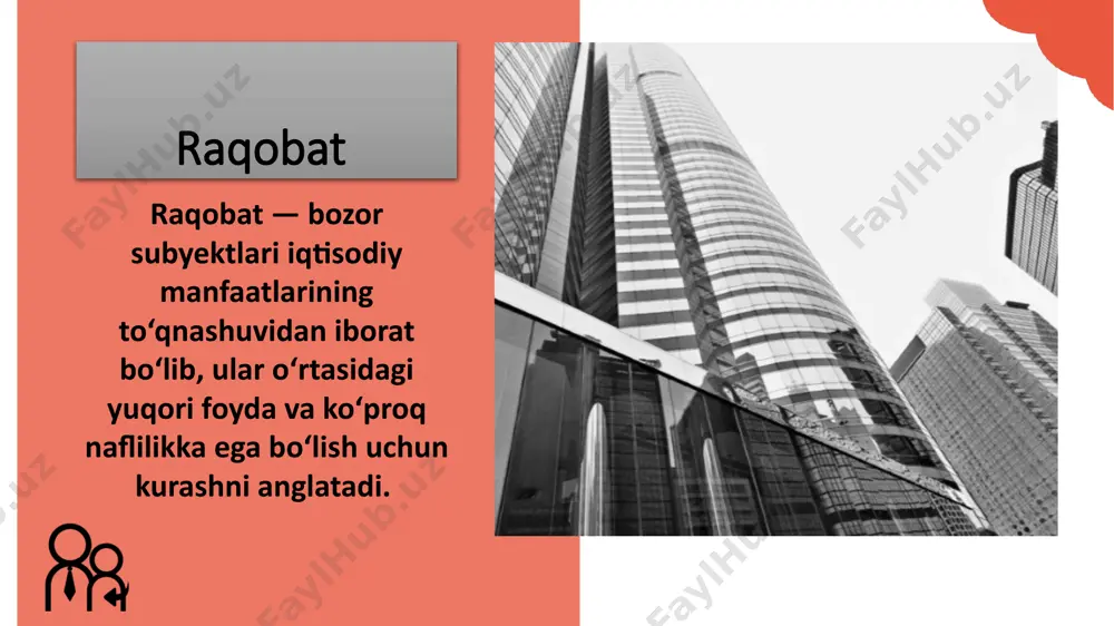 ing oqilona taqsimlanmasligi 02 daromadlardagi tengsizlikning kuchayishi 03 iqtisodiy turg‘unlik va fan-texnika taraqqiyotining sekinlashuvi 04 iqtisodiyotda demokratik harakatlarning to‘sib qo’yilishi o’zbekistonda raqobatchilik muhitining vujudga kelishi va monopoliyaga qarshi qonunchilik 3 iqtisodiyotda davlat monopoiizmining har qanday namoyon bo‘lishini maksimal darajada bartaraf etish. bozor sharoitida vujudga kelayotgan monopoliyalarning bozordagi o‘z ustunlik mavqelarini suiiste’mol qilish imkoniyatiarining oldini olish. 0 ‘zbekistonda samarali raqobat muhitini yaratish uchun quyidagilar bo‘yicha chora-tadbirlarning amalga oshirilishi taqozo etiladi: 19 monopoliyaga qarshi qonunchilik 1 «monopoi faoliyatni chek- lash to'g'risida»gi qonun (1992-yil, avgust) kuchga kiritildi hamda uning asosida raqobatchilikni rivojlantirishga qaratilgan bir turkum me’yoriy hujjatlar ishlab chiqildi. etiboringiz uchun rahmat 21 image4.jpeg image5.jpeg image6.png image7.png image8.png image1.jpeg image2.png image3.png image9.png image10.png image11.png image12.png image13.png image14.png image15.png image16.jpg image17.png image18.png image19.jpeg image20.jpeg image21.jpeg image22.png image23.jpg image24.png image25.png image26.png image27.jpg image28.png image29.png image30.png image31.jpg image32.png image33.png image34.png image35.png image36.png image37.png image38.jpeg image39.png image40.png image41.png image42.png image43.jpeg powerpoint 프레젠테이션