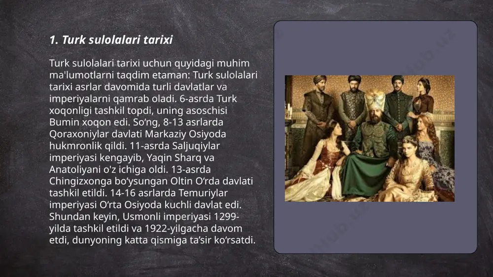 hissa qo‘shgan. borte xaqoni davri ayol sarkardalari haqida ko‘plab tarixiy asarlar va afsonalar mavjud bo‘lib, ular o‘zlarining qahramonliklari va dono siyosatlari bilan tarixda iz qoldirganlar. ushbu ayollar borte xaqonlari davrining ahamiyatli qismi hisoblanadi. ... t.me/slaydai_bot borte sulolasiga mansub ayollarning siyosatdagi ishtiroki asosan mo‘g‘ul imperiyasining kengayish davrida muhim rol o‘ynagan. ushbu davrda qadimgi mo‘g‘ul jamiyatida ayollar siyosiy masalalarda faollik ko‘rsatgan. ulardan biri, chingizxonning rafiqasi borte, mo‘g‘ul qabilalarini birlashtirishda va imperiya siyosatini rivojlantirishda muhim ahamiyat kasb etdi. borte sulolasidan bo‘lgan ayollar chingizxon va uning vorislariga maslahatchi bo‘lib xizmat qilgan. shuningdek, ular diplomatik elchilik va tinchlik o‘rnatishda faol ishtirok etgan. imperiya kengayishi davrida ayollarning siyosatdagi ishtiroki orqali ularning ijtimoiy ahamiyati ortdi. borte sulolasi ayollari boshqa davlatlar bilan aloqalarni rivojlantirish va ichki nizolarni hal qilishda o‘z hissasini qo‘shgan. bu ayollarning siyosiy faolligi mo‘g‘ul imperiyasi barqarorligini ta'minlashda muhim o‘rin tutdi. ... t.me/slaydai_bot 7. turk shehsiyati: borte turkanni tushunish borte turkan oʻzbek tarixida muhim shaxslardan biri …