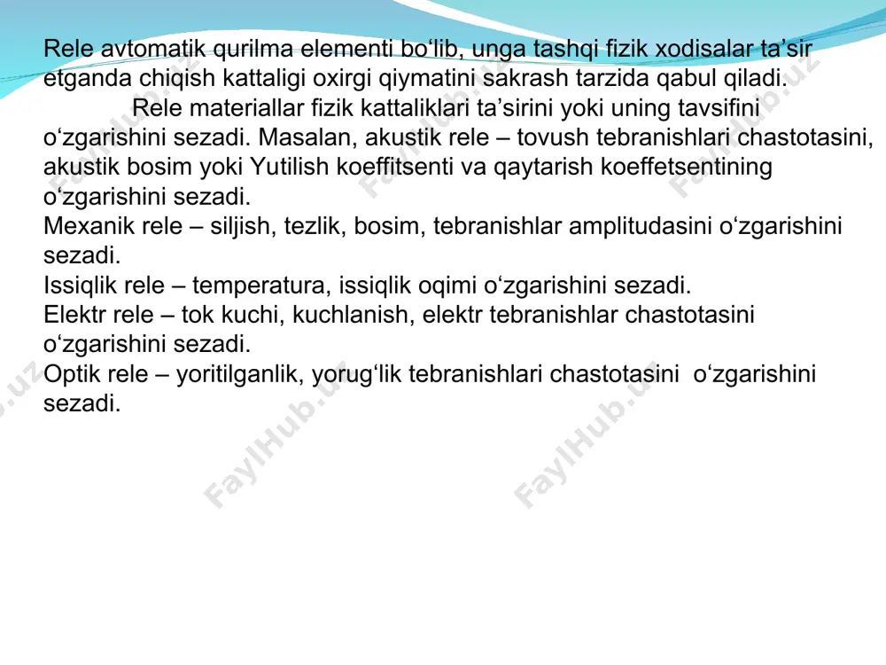 luvchan yakor 4 o‘zak 3 ga tortiladi va kontaktlari 2 ni tutashtiradi. kontaktlar ajralgandan so‘ng yakor qaytarish prujinasi 1 ta’sirida dastlabki vaziyatiga qaytadi elektromagnit relening tavsif grafigi bilan tanishib chiqamiz (5.2 rasm) xk – relega kiruvchi signal. xch - chiquvchi signal. 1 – ishlashi. 2 - qo‘yib yuborishi. xq. - quyib yuborish signali. xish – ishga tushish signali. u tam – ta’minlash kuchlanishi. rele cho‘lg‘amiga kiruvchi tok kattaligi iish ga yoki signal xish ga etganda rele ishga tushadi, ya’ni uning kontaktlari orqali ich tok yoki xch sinal o‘tadi. shu sababli signal xish ishga tushirish signali deyiladi. endi kirish signalini qaytara boshlasak, iq yoki xq signalda chiqish signali keskin kamayadi, ya’ni rele o‘z kontaktlarini bo‘shatib yuboradi va chiqish signali yo‘qoladi. bu signal qaytish signali deb ataladi. rele quyidagi parametrlari bilan tavsiflanadi; ishga tushirish quvvati: boshqarish quvvati: qaytish koeffitsenti (kq),releni ishga tushirish vaqti. kaytish koeffitsenti relening qaytish signali xq ni ishga tushirish …