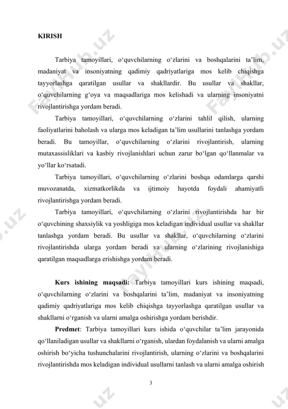 li tarzda tashkil etiladigan turli harakatlar, tashkil etiladigan amaliy ishlarga undovchi faoliyatdir.[footnoteref:1] [1: abdurasulov m. o`zbek ma`rifatparvar shoirlari ilm-ma`rifat haqida. t.: «o`qituvchi», 1972. ] inson ongi deganda – uning idroki, aqli orqali hayotiy va dunyoviy haqiqatni fahmlash as osida ma’naviy istiqbolli faoliyat darajasidir. tarbiyaning maqsadi deb – ijtimoiy jamiyat taraqqiyoti, rivojlanishi, yo‘nalishi, ijtimoiy munosabatlar mazmunidan kelib chiqib belgilanadi. bugungi kunda o‘zbekiston respublikasida tashkil etilayotgan tarbiyaning asosiy maqsadi barkamol shaxsni tarbiyalab, voyaga yetkazishdan iborat. kadrlar tayyorlash milliy modelimizning bosh muddaosi – barkamol shaxs va intellectual salohiyatli mutaxassis tayyorlashdan iborat bo‘lib, o‘zbekistonning xalqaro andozalardagi zamonaviy taraqqiyotini ta’minlay oladigan, mustaqil fikr yuritadigan, tafakkurli, malakali, bilimli mutaxassis, ayni paytda insonning ichki sifatlari barq urib kamolotga yetgan kadrlar tayyorlashni ko‘zlaydi. mazkur maqsadni amalgam oshiruvchi asosiy omillardan biri tarbiya jarayonidir. tarbiyaning maqsad-natijasi barkamol avlodni tarbiyalashdir. bu jarayon ikki tomonlama bo‘lib, uyushtirish va rahbarlikni, shuningdek, o‘quvchi shaxsining o‘zi tomonidan faollik ko‘rsatishni taqozo etadi. bu jarayonda pedagog yetakchi …
