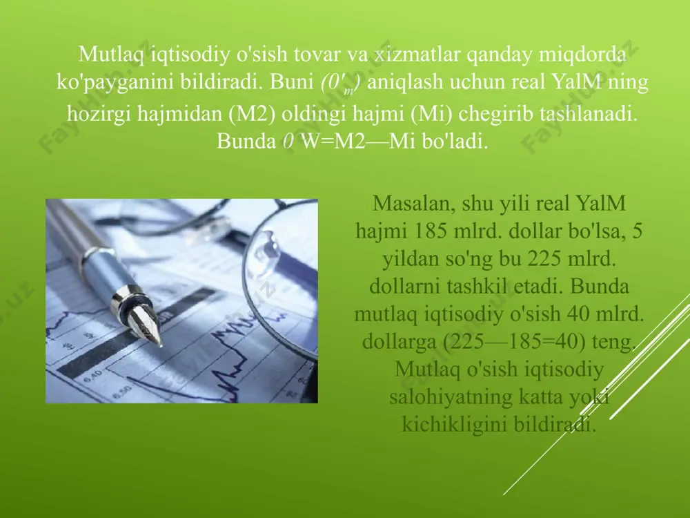 ya (yangilanish) qanchalik tez borsa, boshqa shart-sharoitlar o'zgarmagan taqdirda ishlab chiqarish shunchalik tez o'sadi, chunki mehnat unumdorligi yuksalib, vaqt birligida yaratilgan tovar va xizmatlar ko'payadi. ishlab chiqarish investitsiyasi — bu ishlab chiqarishni kengaytirish uchun yuborilgan moddiy va pul mablag'laridir. iqtisodiy o'sishinvestitsiya miqdoriga to'g'ri mutanosiblikda bo'ladi. biroq bu investitsiya yangi texnologiyalarga va kerakli sohalarga yuborilganda yuz beradi. investitsiya kapitalning jamg'ari-lishini bildiradi va bu yalm muayyan qismini qaytadan ish-lab chiqarishga joylashtirilganda yuz beradi. investitsiyaning yalm dagi hissasi investitsiya normasi deb ataladi. moddiy kapitalga investitsiya — bu ishtab chiqarish-ning moddiy omillarini ko'paytirish va takomillashtirishga yuboriladi. inson kapitaliga investitsiya, bu kishilarning bilim darajasi va mehnat malakasini oshirishga, sog'lig'ini ta'minlashga yuboriladi. investitsiya cheksiz oshib borishi mumkin emas, chunki buning o’z chegarasi bor va bu mamlakatning iqtisodiy salohiyatiga qarab har xil bo'ladi. investitsiyalar miqdori va tarkibi ta'lim darajasi. iqtisodiy o'sish yuz berishi uchun moddiy va inson kapitalining mukammalligi bir-biriga mos bo'lishi talab qilinadi. buning uchun ishlab …