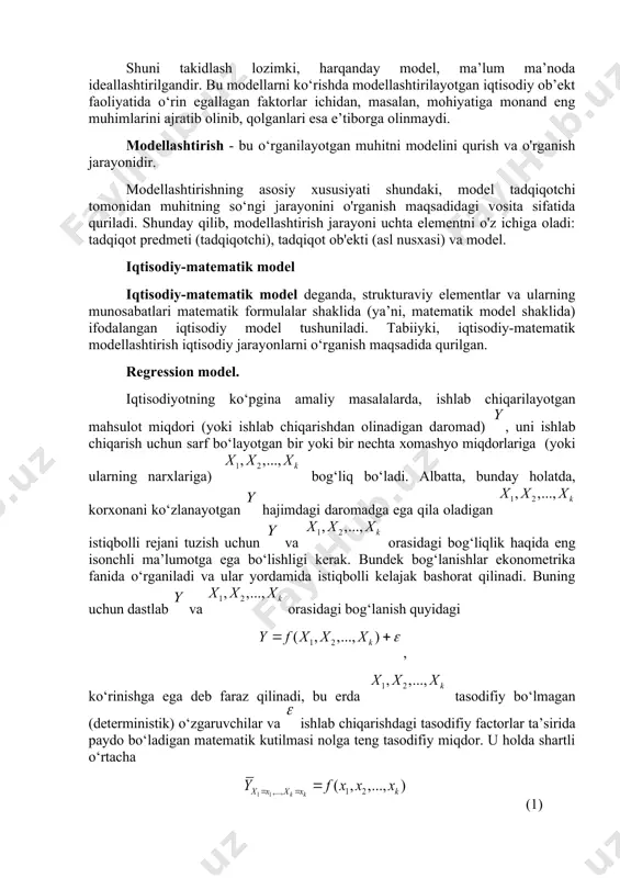 olish uchun uni turli tomonlardan tasvirlovchi bir nechta modellarni qurish mumkin. iqtisodiy modellar qaralyotgan iqtisodiy obekt faoliyatida muhim o‘rin tutadigan tarkibiy qismlarni aniqlashga va shular asosida ushbu obektning kelajak faoliyatidagi o‘zgarishlarni ifodalash uchun quriladi. natijada, iqtisodiy modellar, ayrim parametrlar o‘zgarishiga bog‘liq ravishda, oldindan bashorat qilish imkoniyatini beradi. modelda parametrlar orasidagi bog‘liqliklarni miqdoriy jihatdan baholash mumkin bo‘lgani uchun, bashoratni etarlicha aniqlikda va etarlicha ishonch darajasida bajarish mumkin bo‘ladi. har bir iqtisodiy ob’ekt uchun, uning kelgusidagi holatini bashorat qilish, mana shu ob’ekt uchun avvalambor eng yaxshi natijalarga erishishga va xar xil salbiy holatlarni chetlab o‘tishga xizmat qilishi kerak bo‘ladi. xususan, davlat miqiyosidagi iqtisodiy siyosat ham ana shunday bashoratlar asosida olib boriladi. shuning uchun ham ular to‘liq bo‘la olmaydi. shu sababli iqtisodiy modellarning amaliyotdagi tadbiqlari to‘la amalga oshmasligi ham mumkin. shuni takidlash lozimki, harqanday model, ma’lum ma’noda ideallashtirilgandir. bu modellarni ko‘rishda modellashtirilayotgan iqtisodiy ob’ekt faoliyatida o‘rin egallagan faktorlar ichidan, masalan, mohiyatiga monand eng …