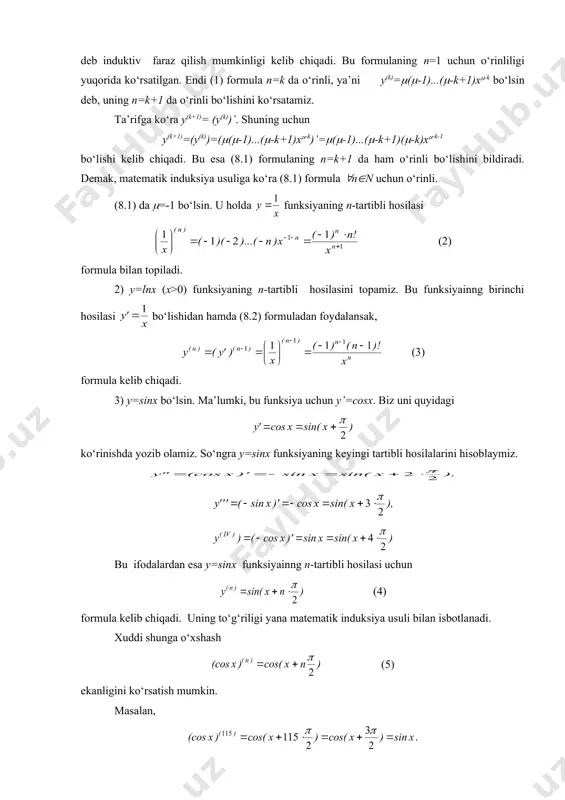 chish. s’=(5t2+3t+12)’=10t+3; s’’=(10t+3)’=10, bundan a=10m/s2 bo‘lib, harakat tezlanishi o‘zgarmas ekan. nьyuton qonuni bo‘yicha kuch tezlanishga proportsional. demak, kuch ham o‘zgarmas ekan. ii. asosiy qism. 1. yuqori tartibli hosilaning asosiy xossalari. 1-xossa. agar u(x) va v(x) funksiyalar n-tartibli hosilalarga ega bo‘lsa, u holda bu ikki funksiya yig‘indisining n -tartibli hosilasi uchun (u(x)+ v(x))(n)= u(n)(x)+ v(n)(x) formula o‘rinli bo‘ladi. isboti. aytaylik y=u+v bo‘lsin. bu funksiyaning hosilalarini ketma-ket hisoblash natijasida quyidagilarni hosil qilamiz: y’=u’+v’, y’’=(y’)’=( u’+v’)’=u’’+v’’. matematik induksiya metodidan foydalanamiz, ya’ni n=k tartibli hosila uchun y(k)=u(k)+v(k) tenglik o‘rinli bo‘lsin deb faraz qilamiz va n=k+1 uchun y(k+1)=u(k+1)+v(k+1) ekanligini ko‘rsatamiz. haqiqatan ham, yuqori tartibli hosilaning ta’rifi, hosilaga ega bo‘lgan funksiyalar xossalaridan foydalanib y(k+1)=(y(k))’=(u(k)+v(k))’= =(u(k))’+(v(k))’= u(k+1)+v(k+1) ekanligini topamiz. matematik induksiya prinsipiga ko‘ra y(n)=u(n)+v(n) tenglik ixtiyoriy natural n uchun o‘rinli deb xulosa chiqaramiz. 2-xossa. o‘zgarmas ko‘paytuvchini n-tartibli hosila belgisi oldiga chiqarish mumkin: (cu)(n)=cu(n). bu xossa ham matematik induksiya metodidan foydalanib isbotlanadi. isbotini o‘quvchilarga qoldiramiz. misol. y= funksiyaning …