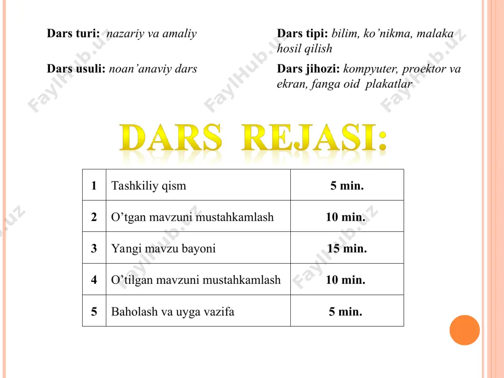 iktogramma, yorliq, timsollar deb atash mumkin. 4. ish stolida quyidagi elementlar joylashgan bo’ladi: yorliqlar: tizim papkalari; (moy kompyuter, setevoe okrujenie, internet explorer, korzina, portfel): oddiy papkalar: masalalar paneli. 5. tizim papkalariga quyidagi papkalar kiradi: tizim papkalari; (moy kompyuter, setevoe okrujenie, internet explorer, korzina, portfel) moy kompyuter: kompyuterda joylashgan disklar, papkalar va ular ichidagi fayllarni ko’rish va ular bilan ishlash imkoniyatini yaratadi. setevoie okrujenie: foydalanuvchining kompyuteriga tarmoqga ulangan kompyuterlardagi fayl, papka va disklar bilan ishlash imkoniyatini yaratadi. internet explorer: internetdagi web sahifalarini ko’rib chiqish programmasi. korzina: foydalanuvchi tomonidan yaqinda uchirilgan fayl va papkalar ro’yxati joylashadi. kerak bo’lganda ularni tiklash ham mumkin portfel: internet tizimida foydalanish uchun tanlangan hujjatlar saqlanadi. 2. oddiy papkalar – foydalanuvchi tomonidan yaratilgan papkalar. 6. moy kompyuter tizim papkasida quyidagi elementlar joylashadi: yumshoq disketalar belgisi: bu yordamida yumshoq distetalardagi ma’lumotlarni ko’rishimiz va ularni o’qishimiz mumkin; qattiq disklar: bu yordamida qattiq diskdagi (vinchesterlardagi) ma’lumotlarni ko’rishimiz va ularni o’qishimiz mumkin. …