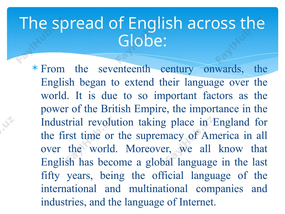 cal leadership. moreover, the league of nations was created after the world war i, but then it was replaced by the united nations, which ends up in new york. thus, the world´s focus shifted to the united states. the influence of united states combined then the economic and political factors and the huge seize of its population: the united states has 70 per cent of all native speakers of english in the world. after the world war ii and particularly in the 1980s and 1990s, the computer revolution began all over the world. it was due to the american technology and the american know-how. so, it is logic that the language of the computers is english. the main reason why it is like this is the fact that, although it could be designed with languages of one own country, this process it very expensive. d) american technology leadership. during the …