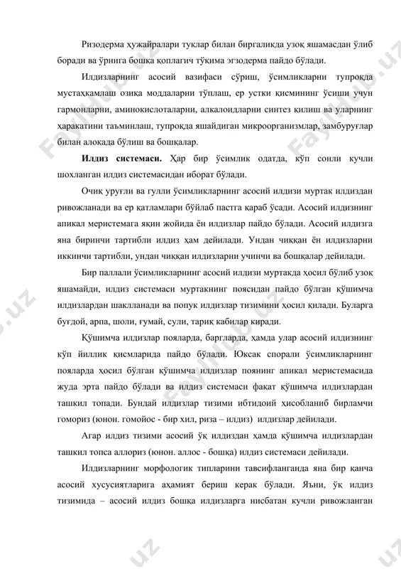 р бўлиб, тезда нобуд бўлади. попук илдиз системасида асосий илдиз тез ўсишдан тўхтайди. илдиз системаси қўшимча илдизлардан ташкил топади. агар қўшимча илдизлар қисқарган вертикал илдиз пояда ҳосил бўлса, чўткасимон илдиз системаси шаклланади (бир паллали ўсимликларда). агар қўшимча илдизлар узун горизантал илдиз пояларида ҳосил бўлса – бахромасимон илдизлар системаси шаклланади. баъзида горизонтал илдиз пояларда ҳосил бўлган қўшимча илдизлар йўғонлашиб, кучли шохланиб, иккиламчи ўқ илдиз тизимини ҳосил қилади (беда, айиқтовон). илдиз тизими тупроқ қатламларида жойлашишига қараб ҳам тавсифланади. масалан, ўсимликларнинг тупроқда сув билан таъминланишига қараб, илдизларни асосий қисми ер юзига яқин жойлашадиган, тупроқ қатламларига чуқур тушиб борадиган универсал илдизлар тизимига бўлинади. лекин, бундай илдизларнинг морфологик хусусиятлари фақат илдизларнинг турли туманлиги ҳақида бошланғич тушунчаларнигина беради. ҳар бир ўсимликнинг илдизлар тизими ўсимликнинг онтогенези давомида унинг поялар тизимини хусусиятларига, атрофлардаги ўсимликларнинг таъсирига, йил фаслининг алмашинишига боғлиқ ҳолда ўзгариб туриши мумкин. маданий ўсимликларнинг илдиз тизими барча агротехник услубларига (чопиш, ўғитлаш, суғориш ёввойи ўтлардан тозалаш) боғлиқ ҳолда …