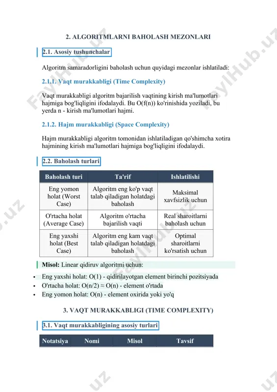 a doimiy o'zgaruvchilar uchun · o'zgaruvchan hajm - kirish ma'lumotlari hajmiga bog'liq xotira 4.2. hajm murakkabligini hisoblash 4.2.1. oddiy o'zgaruvchilar def calculate_sum(arr): total = 0 # o(1) hajm count = 0 # o(1) hajm for i in range(len(arr)): total += arr[i] count += 1 return total / count # hajm murakkabligi: o(1) 4.2.2. qo'shimcha massivlar def merge_arrays(arr1, arr2): result = [] # o(n + m) hajm i, j = 0, 0 # o(1) hajm while i max_val: # o(1) max_val = arr[i] # o(1) return max_val # o(1) # umumiy: o(1) + o(n) × o(1) = o(n) misol 2: matritsa ko'paytirish def matrix_multiply(a, b): n = len(a) c = [[0] * n for _ in range(n)] # o(n²) for i in range(n): # o(n) for j in range(n): # o(n) for k in range(n): # o(n) c[i][j] += a[i][k] * b[k][j] # o(1) return c # umumiy: o(n²) + o(n³ …