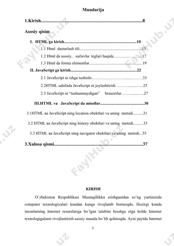 higa sabab bo’lmoqda. hamma internet tarmog’idan biror turdagi axborot olishga harakat qiladi. internet tarmog` kun sayin rivojlanib bormoqda. buning asosiy sababchisi esa jamiyatimizning barcha sohalari qamrab olgon axborot resurslari soning ortib borishi hisoblanadi. mazkur metodik qo`llanmani web-hujjatlarni yaratish, ularni internetda chop etish, web-hujjatni ko’rkamlashtirish, qiziqarli va o’ziga tortuvchi qilib yaratish, vaqti kelsa ma’lumotlarni yangilash kabi vazifalarni o’rgatishga mo’ljallangan. bundan tashqari misol tariqasida ko`rsatib o`tilgan web sahifalar kodlaridan lavhalar ko`rsatib o`tilgan.dastlabki web-sahifalar juda sodda tuzilishga ega bo’lib, ular matnni formatlash va gipеrko’rsatkichlardan tarkib topgan edi. web tеxnologiyalar rivojlanishi natijasida web sahifalar tarkibida plug-in dasturlar joylashtirila boshlandi, natijada web sahifalarga itеraktiv xususiyati bеrildi. web tеxnologiyalarning rivojlanishining oxirgi natijalaridan biri bu skript tillaridir (script languages). ularni ishlatishdan maqsad web sеrvеrining ishini еngillashtirish, har xil mayda ishlar uchun web sеrvеrini bеzovta qilmasdan, bunday masalalarni foydalanuvchi kompyutеrining o’zida yaratishdir. web tеxnologiyasining oxirgi erishgan yutuqlaridan biri dinamik web sahifalardir. dinamik web sahifalar cgi dasturlar bilan bеvosita …