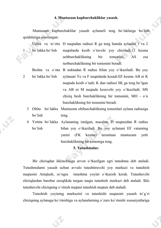 ko`p uchraydigan-eppips, parabola, giperbola, sinusoido, arximed spirali, sikloidosimon egri chiziqlar kiradi. ellips, parabola va giperbola to`g`ri doiraviy konusni turlicha joylashgan tekisliklar bilan kesishuvidan hosil bo`ladi. ellips - tekis kavariq egri chiziq, uni katta o`qi aв va kichik o`qi sd bo`yicha ham yasash mumkin. bu usul texnikada keng tarqalgan. o-markazdan aв=d va sdqd diametri 2 ta konsentrik aylanalar chiziladi va aylanlardan biri bir necha teng buo`aklarga bo`lib chiqiladi. bo`lish nuqtalari orqali diamet nurlari o`tkaziladi, nurlarning aylanalar bilan kesishgan nuqtalari orqali ellips o`qlariga parallel to`g`ri chiziqlar chiziladi, ularning kesishgan nuqtalari ellipsga tegishli nuqtalar bo`ladi (6-shakl). parabola - tekis egri chiziq bo`lib, uning har bir nuqtasi dd1-direktrissadan va simmetriya o`qidagi f-fokusdan barobar uzoqlikda yotadi. kf masofa parabolaning r parametri va o nuqta esa uning uchi deyiladi. berilgan r parametr bo`yicha parabola yasash uchun simmetriya o`qi o`tkaziladi va unga rfqp masofa qo`yiladi. k nuqta orqali simmetriya o`qiga perpendikulyar qilib dd, direktrissa o`tkaziladi. kf kesma …