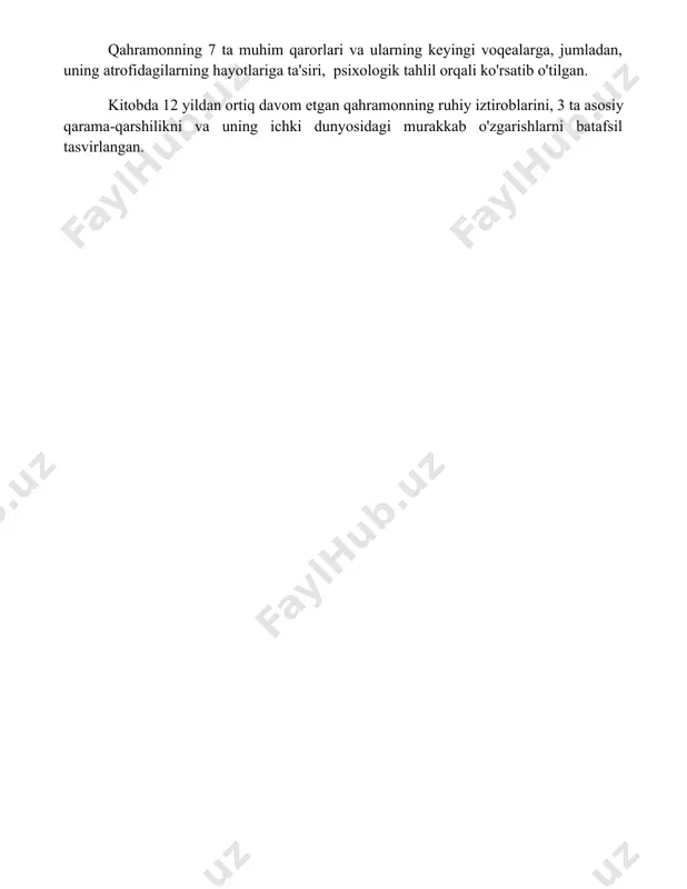 ramonning ruhiy iztiroblarini, 3 ta asosiy qarama-qarshilikni va uning ichki dunyosidagi murakkab o'zgarishlarni batafsil tasvirlangan. 📌xulosa "muqaddas azob" kitobi qahramonlarning ruhiy azob-uqubatlari, inson qalbining murakkabligi va haqiqiy sevgi, qurbonlik, kechirimlilik mavzularini chuqur ochib beradi. tragik voqealar orqali inson taqdirining mo`rtligini va hayotning bebaho ekanligini ta'kidlaydi. 📚foydalanilgan adabiyotlar 1. muqaddas azob kitobining muallifi va nashriyot ma'lumotlari. 2. kitobning asosiy mavzusi va g'oyasi haqida ma'lumotlar. 3. kitobdagi asosiy qohramonlar va ularning xarakteri. 4. kitobdagi voqealarning xronologik tartibi. 5. kitobdagi muhim syujet chiziqlari va ularning o'zaro bog'liqligi. 6