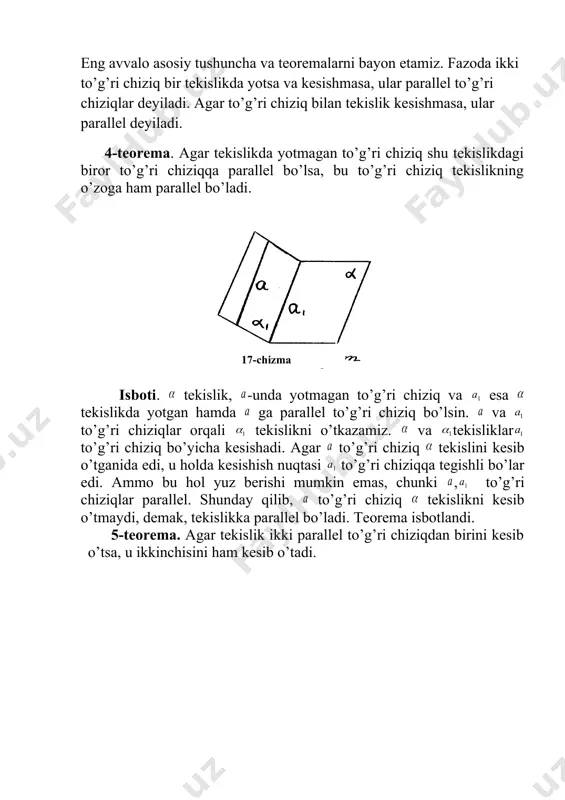 sh mumkinligi haqidagi teoremaga ko’ra a nuqta orqali to’g’ri chiziqqa parallel to’gri chiziq o’tkazamiz. a nuqta ikkita tekislikka ham tegishli emas deb hisoblaymiz. tekislik va to’g’ri chiziqning paralleligi haqidagi teoremaga ko’ra // ga ko’ra // , // ekanligi kelib chiqadi. chunki, to’g’ri chiziq ikkita tekislikka ham tegishli to’g’ri chiziq izlangan to’g’ri chiziq bo’ladi. 4-masala. abca1b1c1 uchburchakli prizmada k nuqta ac qirraning o’rtasi. k nuqtadan o’tib, quyidagi chiziqlarga parallel bo’lgan to’g’ri chiziqni yasang va bu to’g’ri chiziqni prizma sirti bilan kesishish nuqtasini yasang. [8] a) cm chiziqqa. bunda m nuqta bb1 qirrasining o’rtasi. b) bu va bundan keyingi yasashlarni bajarish jarayonida, elelmentar masalalar yechishda o’rgangan usullarimizni qo’llaymiz. ularni yechish mobaynida shakllardan malaka va ko’nikmalarimizga tayangan holda nuqtalar, parallel to’g’ri chiziqlar, kesimlarni yasashda batafsil to’xtalib o’tmaymiz. yasash. k nuqta ustidan prizmani kesib o’tuvchi (kk1dd1 ) tekislikni o’tkazamiz. m nuqtadan ab ga parallel mm1 to’g’ri chiziqni o’tkazamiz. m1k1 to’g’ri chiziq k nuqtadan o’tib …
