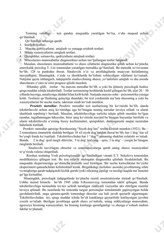 i kerak deb hisoblaysanmi?”, “ko‘pchilik bolalar o‘z imkoniyatlarini to‘liq ishga solmay o‘qishlarining sababi nimada deb o‘ylaysan?”). 3.o‘quvchining niyatlarini ifodalashi mumkin (“oliy o‘quv yurtiga kirasanmi?”, “yozgi oromgohga borasanmi?”). savollar bajaradigan funksiyasiga ko‘ra anketa o‘z ichiga quyidagilarni oladi: a)filtrlovchi-savollar. m.: agar o‘qituvchini oliygohga kirishni xohlovchilar qiziqtirsa, anketada quyidagicha savollar taklif etiladi: “sening yoqtiradigan predmeting?”. bunga faqat oliygoxga kirmoqchi bo‘lgan o‘quvchilargina javob beradilar. b)tekshiruvchi yoki nazorat qiluvchi savollar. ularning asosiy funksiyasi – ma’lumotning to‘g‘riligini tekshirish. shakli bo‘yicha anketalar: a) ochiq – bunda to‘g‘ri savollar o‘z xohishiga qarab, erkin javob berish mumkin. b) yopiq – bunda savollarga tayyor javob berilgan bo‘lib, o‘quvchi ulardan birini tanlashi lozim. anketa savollariga quyidagi talablar qo‘yiladi: 1.savollar aniq, tushunarli, sodda va qonkret bo‘lishi lozim. 2.anketaning boshida oson savollar, keyin qiyin, undan keyin eng murakkablari, nihoyasida yana oson savollar berilishi lozim. 3. bitta xususiyatni aniqlashga bir necha savollar, nazorat qiluvchi savollar berilishi lozim. anketa metodining ijobiy tomoni: 1) ommaviy o‘rganish …
