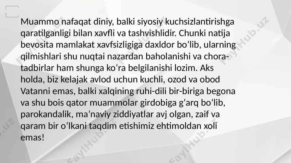 ani yanada rivojlantirish bo‘yicha harakatlar strategiyasini qabul qilgani, hozirgi paytda u izchil hayotga tadbiq etilayotgani ham mazkur hujjatda o‘z ifodasini topgan. 2017 yil “xalq bilan muloqot va inson manfaatlari yili”, deb e’lon qilingani hisobga olinar ekan, bu dasturning alohida ahamiyat kasb etishi yaqqol ayon bo‘ladi”. bu yo‘nalishdagi amaliy choralar ifodasi o‘laroq o‘zbekiston respublikasi prezidentining ijtimoiy va virtual qabulxonalari ochilgan. qayd etilganidek, bugungi kunning o‘zidayoq bu tizimlar mamlakat fuqarolari ehtiyoji va talablarining qondirilishida muhim o‘rin tutadigan institutga aylanmoqda. aholi bilan muloqotning qo‘llab-quvvatlanishi va odamlar manfaatlarining himoyasi davlat siyosatining ustuvor yo‘nalishlari qatoridan joy oldi. ishlarning hammasi va barcha islohotlar, deya xabar beriladi hujjatda, o‘zbekistonda tinchlik va osoyishtalikni ta’minlashga, aholi farovonligini oshirish hamda sog‘lom va har tomonlama rivojlangan barkamol avlodni tarbiyalashga yo‘naltirilgan. o‘zbekiston ko‘p etnik va dinlar vakillari istiqomat qiladigan davlat hisoblanishi ham ta’kidlangan. bugungi kunda mamlakatda 130 dan ziyod millat va elatlar vakillari yashashmoqda: ularning barchasi bir-biri bilan o‘zaro uyg‘unlik va hamjihatlikda, …