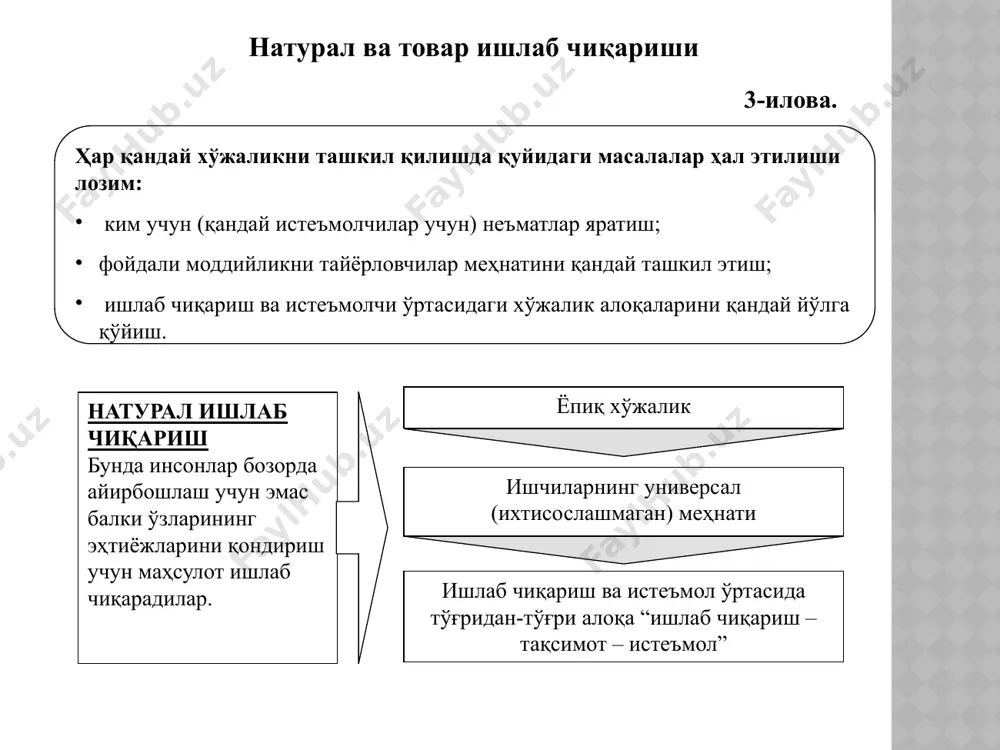 да умумий эквивалент вазифасини бажарувчи махсус товар. пул ва унинг вазифалари тўлақонли пуллар – ҳақиқий пуллар бўлиб, унда қийматга эга пулли товар иштирок этади. тўлиқсиз пуллар – тўлақонли пулларнинг ўринбосари бўлиб, қиймати муҳим бўлмаган ва шунга мувофиқ номиналига тўғри келмайдиган пул белгилари . пул товарнинг қийматини белгилаб, уларнинг нархини аниқлайди пул товар ва хизматларни айирбошлашда воситачи вазифасини бажаради пул товарларга бевосита айирбошлашсиз тўлов учун фойдаланилади товар ва хизматларни келгусида сотиб олиш учун жамғарилади пулдан халқаро ҳисоб-китобларда фойдаланилади пулнинг вазифалари қиймат ўлчови муомала воситаси тўлов воситаси жамғариш воситаси жаҳон пули 11-илова. ҳақиқий пуллар пулнинг ўринбосарлари донали (турли товарлар) металь салмоқли қуйма тангалар қийматнинг қоғоз белгилари давлатнинг қоғоз пуллари вексель кредит пуллар чеклар банкноталар пулнинг ривожланиши - сифат жиҳатдан бир хил ўлчамга келтириш мумкинлиги; - зангламаслиги ва узоқ муддат сақлаш мумкинлиги; - бўлинувчанлиги ва бўлгандан кейин яна яхлит ҳолга келтириш мумкинлиги; - бўлинганда ҳам ўз қийматини сақлаб қола олиши; - табиатда нисбатан …