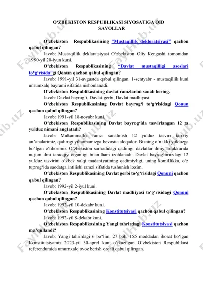 oʻzbekiston respublikasi siyosatiga oid savollar — DOCX
