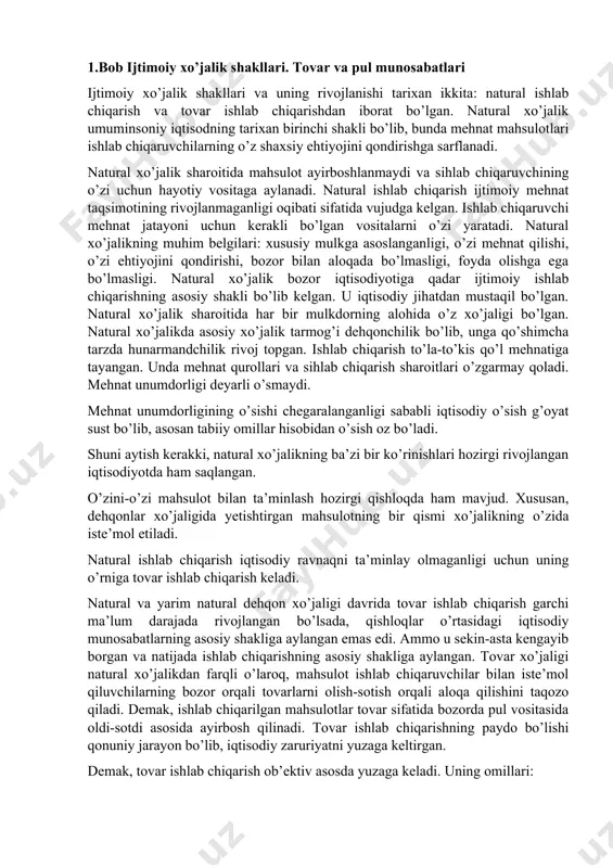 aligi sohiblari, kooperativlar, jamoa va davlat xo’jaligi, jamoat tashkilotlari va boshqalar kiradi. mahsulot tovar bo’lishi uchun avval kishilarning ma’lum talab-ehtiyojini qondira olishi zarur. tovarning bu xossasi tovarning iste’mol qiymati, deb ataladi. har bir tovarning nafligi, foydaligi uchun insonlar uni sotib oladilar, ayirbosh qiladilar. tovarning yana bir xossasi almashuv qiymatidir. har qanday tovarga mehnat va harajatlar sarflanadi va shu asosida tovar o’z qiymatiga ega bo’ladi. demak, tovar ikki xususiyatga, ya’ni iste’mol qiymati va almashuv qiymatga ega. bu tovar xususiyatlari bir-biri bilan chambarchas bog’liqdir. tovarning ikki yoqlama xususiyatga ega bo’lishi tovar ishlab chiqaruvchi mehnatining ikki tomonligi bilan bog’liq. ishlab chiqaruvchi o’ziga xos mehnat quroli va predmetlarini qo’llanishi natijasida tovarni yaratishi iste’mol qiymatini tashkil qilgan mehnat aniq (konkret) mehnat bo’ladi. ishlab chiqaruvchi mehnat jarayonida o’zining aqliy va jismoniy quvvatini sarf qilishi, ish kuchining fiziologik ma’noda sarf qilishi bilan bog’liq mehnati abstract (mavhum) mehnat bo’lib, tovarning qiymatini yaratadi. tovarning xossalari mehnatning ikkiyoqlama xarakterda bo’lishi …