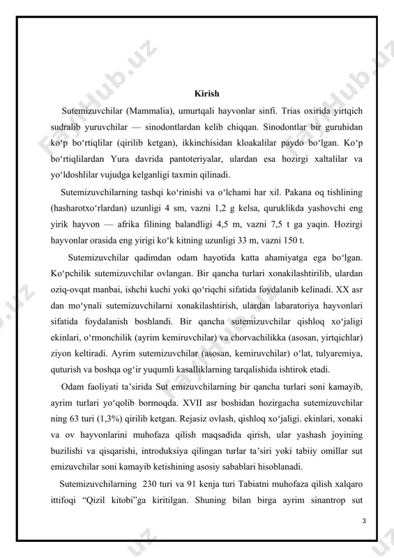 lari xam kuchli rivojlangan. tashqi quloq va quloq suprasi bor. o’rta quloq bo’shlig’ida 3 ta uzangi sandon va bolg’acha kabi eshituv suyaklari joylashgan. 2. tishlari grupalarga, ya’ni kurak, keskich va oziq tishlariga bo’lingan va pastki jag’i bevosita miya qutisiga birikib ketadi. pastki jag’ faqat bitta tish suyagidan tashkil topadi. 3. bosh miya juda katta va unda oliy nerv faoliyatining markazi yani kulrang miya moddasidan tashkil topgan yarim sharlar po’stlog’i, ayniqsa rivojlangan, xidlov qo’ruv va eshituv organlari xam kuchli rivojlangan. tashqi quloq va quloq suprasi bor. o’rta quloq bo’shlig’ida 3 ta uzangi sandon va bolg’acha kabi eshituv suyaklari joylashgan. 4. tishlari grupalarga, ya’ni kurak, keskich va oziq tishlariga bo’lingan va pastki jag’i bevosita miya qutisiga birikib ketadi. pastki jag’ faqat bitta tish suyagidan tashkil topadi. 5. issiq qonli, yuragi 4 kamerali bo’lib undan faqat chap aorta yoyi chiqadi va qon aralashmaydi. gavda temperaurasining doimiy bo’lishi termoregullyatsiya moslamalari borligi tufayli yuzaga keladi. …