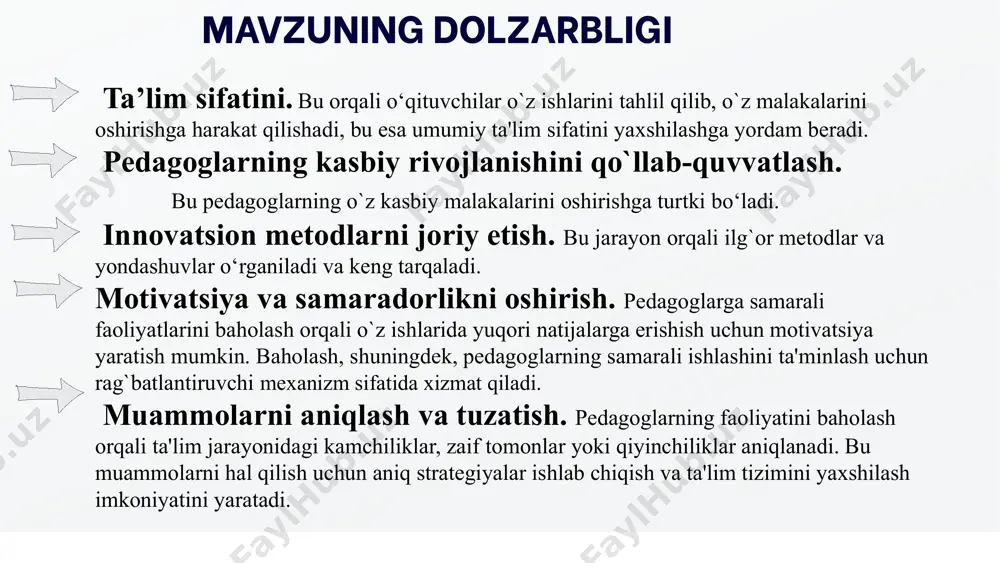 ri". asar pedagogik faoliyatni baholash metodologiyasiga oid o`quv materiallarini taqdim etadi va ta'lim tizimida o`qituvchilar faoliyatini samarali baholash usullari haqida to`liq ma'lumot beradi. abdullaeva, s. (2019) — "pedagoglarni malaka oshirish va baholash". bu asar pedagoglarning kasbiy rivojlanishiga qaratilgan usullarni ko`rib chiqadi va baholash jarayonining o`qituvchilarga bo`lgan ta'sirini tahlil qiladi. stiggins, r. (2005) — "student-centered classroom assessment". bu kitobda pedagoglarni baholashning samarali usullari va ta'limda baholash jarayonining o`quvchilarga ta'siri haqida so`z boradi. stiggins o`quvchilarning rivojlanishiga yordam beradigan baholash strategiyalarini taklif etadi. black, p. & wiliam, d. (1998) — "assessment and classroom learning". ilmiy maqola pedagogik baholash jarayonining samaradorligini o`rganadi va ta'limda baholashning o`quvchilarni o‘rganishdagi rolini tahlil qiladi. maqsad maqsad: pedagoglarning faoliyatini tekshirish va baholashning asosiy maqsadi ta'lim sifatini oshirish, pedagoglarning ish faoliyatini to`g`ri yo`naltirish va ular uchun rivojlanish imkoniyatlarini yaratishdan iborat. shuningdek, baholash orqali o`quv jarayonini samarali tashkil etish, ilg`or metodlarni joriy etish va innovatsiyalarni qo`llash ko`zda tutiladi. vazifalar: kasbiy rivojlanish …