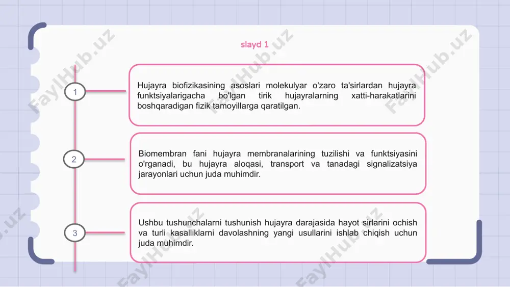 lgan. ushbu biomembranalar hujayra jarayonlarida, jumladan signalizatsiya va transportda muhim rol o'ynaydi. biomembran fanining tamoyillarini tushunish orqali tadqiqotchilar saraton va nevrologik kasalliklar kabi kasalliklar haqida tushunchaga ega bo'lishlari mumkin. ushbu tushunchalar turli xil sog'liq sharoitlari uchun dori vositalarini ishlab chiqish va davolash strategiyalarida yangiliklarga olib kelishi mumkin. slayd 8 8-slaydda biz hujayra biofizikasi asoslarini o'rganamiz, hujayra funktsiyasini molekulyar darajada boshqaradigan murakkab mexanizmlarni o'rganamiz. biomembran fani bu munozaraning muhim jihati bo'lib, hujayra membranalarining tuzilishi va funktsiyasi va ularning hujayra jarayonlaridagi roliga e'tibor qaratadi. ushbu tamoyillarni tushunish hujayra biologiyasining murakkabliklarini ochish va hujayra xatti-harakatlarini o'rganish va manipulyatsiya qilish uchun innovatsion yondashuvlarni ishlab chiqish uchun juda muhimdir. slayd 9 9-slayd hujayra biofizikasi va biomembran fani o'rtasidagi muhim aloqani o'rganadi. ushbu sohalarning asoslarini tushunib, olimlar hujayra funktsiyasini boshqaradigan murakkab mexanizmlarni ochishlari mumkin. ikki qavatli lipid membranasi markaziy markaz bo'lib, moddalarning hujayralar ichida va tashqarisida oqishini tartibga soluvchi to'siq vazifasini bajaradi. uning tarkibi va tuzilishi …