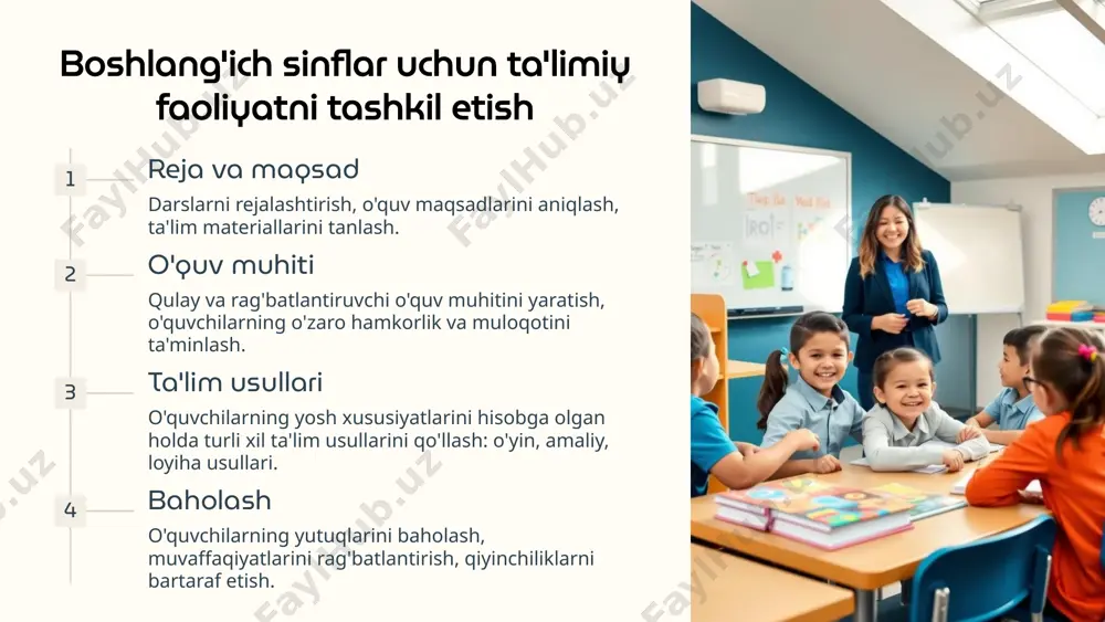 atini kuzatish, xatolarni aniqlash va tuzatish, o'rganish jarayonini boshqarish. baholash o'z yutuqlarini baholash, kamchiliklari va yutuqlari tahlil qilish, rivojlanish uchun maqsadlarni aniqlash. 8 boshlang'ich sinf o'quvchilari uchun ta'limiy o'yinlar yaratish bilimlarni mustahkamlash o'yinlar orqali o'rganilgan bilimlarni amalda qo'llash, o'quv materiallarini mustahkamlash. ko'nikmalarni rivojlantirish qaror qabul qilish, mantiqiy fikrlash, muammolarni hal qilish, hamkorlikda ishlash ko'nikmalarini rivojlantirish. motivatsiya va qiziqish o'quvchilarning ta'limga qiziqishini oshirish, o'rganish jarayonini qulay va qiziqarli qilish. 9 boshlang'ich sinf o'quvchilarini darsga tayyorlash 1 uy vazifasini tekshirish oldingi darslarda o'rganilgan materiallarni takrorlash, uy vazifasini tekshirish. 2 mavzuga kirish yanggi darsning mavzui bilan tanishtirish, o'quvchilarni o'quv faoliyatiga jalb qilish. 3 dars rejasini e'lon qilish darsning maqsadlari, rejasi va o'quv materiallari bilan tanishtirish. 4 o'quvchilarga motivatsiya berish darsga qiziqish uyg'otish, maqsad qo'yish, o'rganishga rag'batlantirish. 10 image1.png image2.png image3.png image4.png image5.png image6.png image7.png image8.png image9.png image10.png image11.png image12.png image13.png image14.png image15.png image16.png image17.png image18.png image19.png image20.png