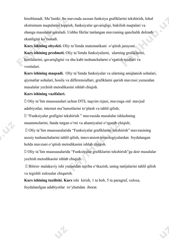 siya sifatida y = kx+b (18) ko’rinishga ega bo’lgan chiziqli funksiya olinadi. ta’rif. agar f funksiya f(x) = kx+b+α(x) (19) ko’rinishga ega bo’lib bunda (20) bo’lsa, (18) tenglik bilan aniqlangann funksiya f funksiyaning x dagi asimptotasi deb ataladi. masalan, f(x)= funksiya grafigi y=2x+1 asimptotaga ega, chunki (8-rasm) f(x)=2x+1+. 8- rasm funksiyaning x dagi asimptotasi ham xuddi yuqoridagidek aniqlanadi. 9- teorema. berilgan f funksiya grafigi x da (18) asimptotaga ega bo’lishi uchun quyidagi ikki va b (22) limitlarning mavjud bo’lishi zarur va yetarli. isbot. 1) faraz qilaylik, (19) va (20) shartlar bajarilsin. (19) tenglikni = k+ + (23) kabi yozib olamiz. agar (20) ni e’tiborga olsak, (23) tenglikdan (21) kelib chiqadi va (19) tenglikdan esa, (22) ni olamiz. 2) endi (21) va (22) limitlar mavjud bo’lsin, deb faraz qilamiz. limitga o’tish amali chiziqli bo’lgani uchun, (22) tenglikni deb yozib olishimiz mumkin. ravshanki, bundan (20) asimptotik tenglikka ega bo’lamiz. ta’rif. agar quyidagi …