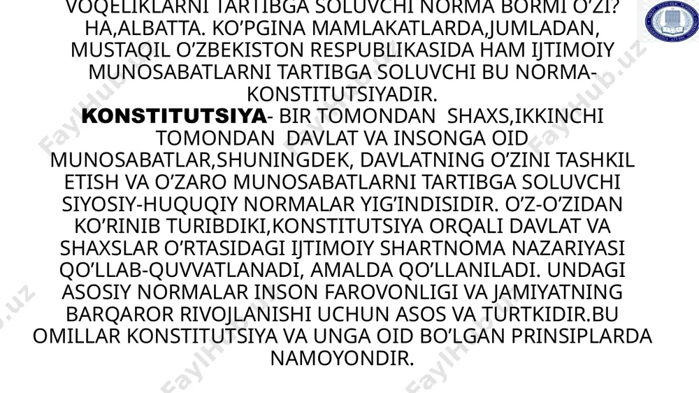 uquqiy va siyosiy mazmunidan kelib chiqib, aynan u asosida shakllanadigan huuqiy tizim va davlat amaliyotida qo’llaniladigan tamoyillar. ularning turlari ko’p: -demokratizm -insonparvarlik -konstitutsiyaning ustunligi -konstitutsiyaning kelajak maqsad,rivojlanishni ko’zlash prinsipi -konstitutsiya normalarining to’g’ridan to’g’ri amal qilish prinsipi -tenglik prinsipi va boshqalar prinsip (tamoyil, negiz, asos) – bu xatti-harakat yoki baholash uchun qoʻllanma boʻlgan taklif yoki qiymat. qonunda bu amal qilinishi shart yoki odatda amal qilinadigan qoida hisoblanadi. u ixtiyoriy ravishda bajarilishi yoki tabiat qonunlari yoki biror tizimning tuzilishi kabi narsalarning muqarrar natijasi boʻlishi mumkin. bunday tizimning prinsiplari uning foydalanuvchilari tomonidan tizimning asosiy xususiyatlari yoki moʻljallangan maqsadini aks ettiruvchi vosita sifatida tushuniladi. o’zaro farqlar bevosita konstitutsiya matnida aks etadi konstitutsiyaning ba’zi bandlarida kelishi mumkin, asosan,uning mohiyatidan kelib chiqadi qoidalarga asoslangan huquqiy tamoyillar umumiy huquqiy va siyosiy tamoyillar majmui davlat hokimiyati va boshqaruv asoslarini tartibga soladi huquqiy davlat va fuqarolik jamiyatini shakllantirishga asos bo’ladi huquqiy jihatdan majburiy kuchga ega nisbatan rasmiy maqomda ya’ni …