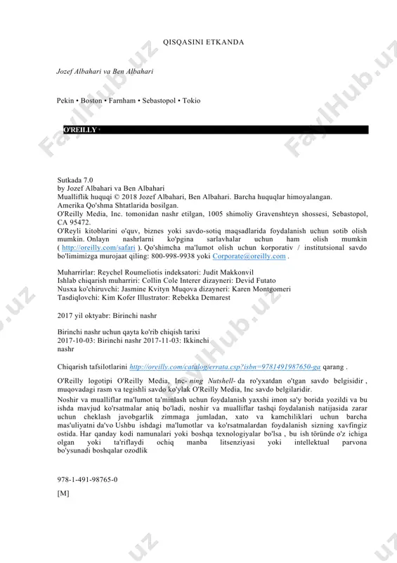 i qo'llab-quvvatlash 3 c # va clr 3 4 va 2 .net framework 4 boshqa ramkalar 5 s № 8 ning qisqacha tarixi 2. c # til asoslari hyperlink "https://translate.googleusercontent.com/translate_f" \l "bookmark111" 15 birinchi c # 15 dastur sintaksis 18 tip asoslari 21 30-sonli turlari boolean turi va operatorlari 37 39 satr va belgilar tillo, 42 o'zgaruvchilar va parametrlar 46 ifodalar va operatorlar 56 null operatorlari 60 bayonotlar 62 ismlar maydoni 71 3. s № hyperlink "https://translate.googleusercontent.com/translate_f" \l "bookmark477" 79- hyperlink "https://translate.googleusercontent.com/translate_f" \l "bookmark477" da turlarni yaratish 79- sinflar 96- meros 105-sonli ob'ekt ichida tarkibi 109 kirish modifikatorlari 110 interfeyslar 112 118 raqamini kiritadi nestli turlari 121 122- avlod 4. ilg'or c # hyperlink "https://translate.googleusercontent.com/translate_f" \l "bookmark747" 137 137- delegatlar 146- voqealar lambda iboralari 153 anonim usullar 158 bayonotlar va istisnolarni sinab ko'ring 158 167 raqamlash va takrorlash 173 bekor qilinadigan turlari kengaytirish usullari 179 anonim turlari 181 tuynalar (c …