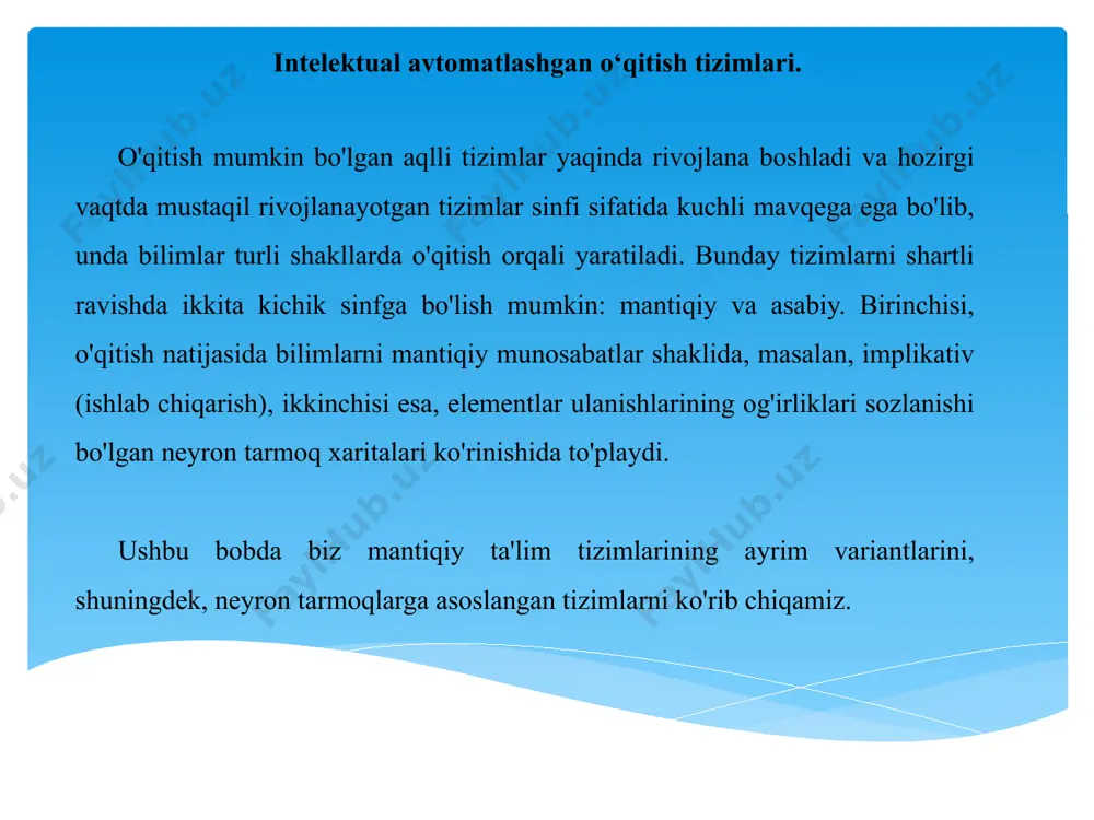 nda sodir bo'lishi mumkin. zaiflashtiruvchi og'irliklar qoidalarning xulosalari bilan bog'liq bo'lib, agar xulosa juda ishonch bilan olingan bo'lsa, ularni zaiflashtirish uchun ishlatiladi: birdan kam og'irlik xulosaning ishonch koeffitsientiga ko'paytiriladi. intelektual ekspert ta’lim tizimlarni ishlab chiqishi.. tadqiqot sharoitida ax prototiplar sifatida ishlab chiqiladi, ular asosida ishlab chiqarish axlarini ifodalashi mumkin bo'lgan yakuniy dasturiy mahsulotlar yaratiladi va amalga oshiriladi. deyarli har qanday muammoli hudud uchun sanoat atni ishlab chiqish jarayoni bir necha bosqichlarni o'z ichiga oladi. 1. muammoni tanlash. ushbu bosqich kelajakdagi tizimning muammoli sohasi va vazifalarini belgilaydi, bilimlar bazasini rivojlantirishda hamkorlik qilish uchun mutaxassislarni topishni, xarajatlar va foydalarni tahlil qilgan holda texnik topshiriqlarni tuzishni o'z ichiga oladi, shuningdek ish rejasini tayyorlashni ta'minlaydi. e'tibor bering, mutaxassislardan tashqari, bilim va ma'lumotlarni qayta ishlash muhandislari ham talab qilinadi. ushbu bosqichning umumiy maqsadi bu vazifani hal qilish mumkinligiga ishonch hosil qilish va uni muvaffaqiyatli hal qilish uchun sharoit yaratishdir. intelektual ekspert ta’lim tizimlarni ishlab chiqishi.. …