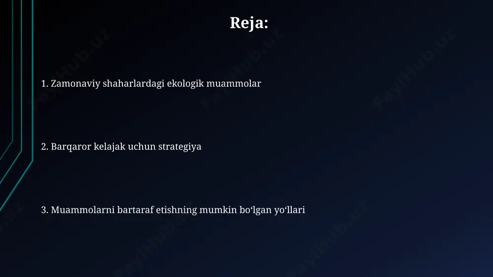 riga o'tish, energiya sarfini an'anaviy yoritishga nisbatan 70% gacha kamaytirib, karbon izini sezilarli darajada pasaytiradi. shaharlardagi binolarning 30% gacha energiya samaradorligini oshirish, issiqlik izolatsiyasi va energiya tejaydigan texnologiyalarni qo'llash orqali yillik energiya sarfini 15-20% kamaytirish mumkin. bioxilma-xillikning kamayishi shaharlashuv tufayli yashash joylarining yo'qolishi va ifloslanish natijasida bioxilma-xillik 50% ga kamayishi mumkin, bu esa noyob turlarni yo'qotish xavfini oshiradi. bioxilma-xillikning kamayishi shahar ekotizimlarida 30% gacha turlarning yo'qolishiga olib kelishi mumkin, bu esa oziq-ovqat zanjiri va atrof-muhit barqarorligiga salbiy ta'sir ko'rsatadi. shovqin ifloslanishi shahar shovqini darajasi 70 db dan oshganda, odamlarning salomatligiga salbiy ta’sir ko’rsatadi, stress darajasini oshiradi va uyqu buzilishiga olib keladi, bu esa yiliga 100000 dan ortiq kasallik holatlarini keltirib chiqarishi mumkin. dunyo bo'yicha katta shaharlarda transport vositalarining shovqini umumiy shovqin ifloslanishining 80% ini tashkil qiladi, bu esa ekologik toza transport vositalariga o'tish zarurligini ko'rsatadi. atrof-muhitni muhofaza qilish bo'yicha yechimlar chiqindilarni qayta ishlash va qayta ishlash darajasini 50% ga oshirish …