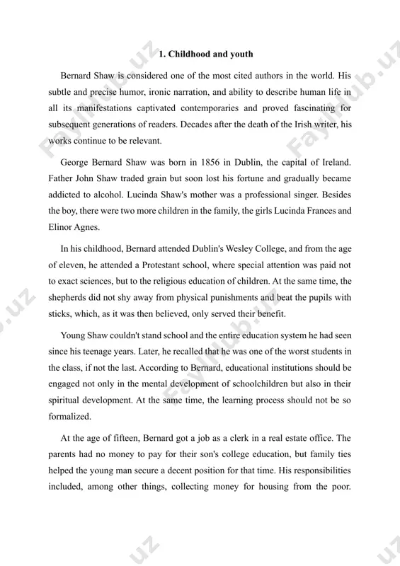 tuations and dialogues rich in paradoxes. 3. bernard shaw and theatre " in his time as a theatre critic, shaw was fascinated by the work of norwegian playwright henrik ibsen. in 1891, he published the essay "quintessence of ibsenism," in which he isolated the main characteristics of the scandinavian writer's plays. during bernard's youth, only william shakespeare's plays, as well as insignificant melodramas and comedies, dominated theatrical platforms. ibsen, in shaw's view, became a pioneer in european dramaturgy, elevating it to a new level through the revelation of sharp conflicts and debates between characters. inspired by ibsen's plays, shaw wrote the first of his "unpleasant plays" in 1885, titled "the widower's house." it is believed that his biography as a writer-dramatist began with this work. at the same time, a new era of european drama was born, acute, pressing, built not on the active actions of the heroes, but on …