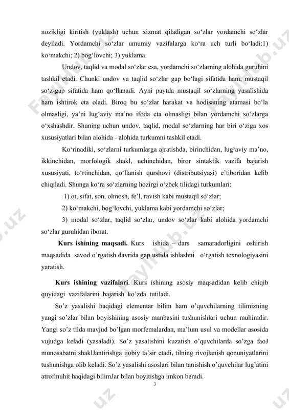 amchi so‘zlar guruhidan iborat. kurs ishining maqsadi. kurs ishida – dars samaradorligini oshirish maqsadida savod o`rgatish davrida gap ustida ishlashni o‘rgatish texnologiyasini yaratish. kurs ishining vazifalari. kurs ishining asosiy maqsadidan kelib chiqib quyidagi vazifalarini bajarish ko`zda tutiladi. so’z yasalishi haqidagi elementar bilim ham o’quvchilarning tilimizning yangi so’zlar bilan boyishining asosiy manbasini tushunishlari uchun muhimdir. yangi so’z tilda mavjud bo’lgan morfemalardan, ma’lum usul va modellar asosida vujudga keladi (yasaladi). so’z yasalishini kuzatish o’quvchilarda so’zga faoj munosabatni shakljantirishga ijobiy ta’sir etadi, tilning rivojlanish qonuniyatlarini tushunishga olib keladi. so’z yasalishi asoslari bilan tanishish o’quvchilar lug’atini atrofmuhit haqidagi bilimjar bilan boyitishga imkon beradi. kurs ishining obyekti va predmeti. fikrlashga yo`naltiruvchi fonetik mashqlar. ona tili ta’limida uzluksizlikni ta’minlash maqsadida sistemaviylik va izchillik tamoyillariga amal qilib, ish tutilsa, ta’lim tizimidagi qaytariq va o’rinsiz takrorlarga chek qo’yilgan bo’ladi. bu esa til fanini barcha bo’limlari ketma ketligi, bosqichma bosqichligini ta’minlashi shubhasizdir. kurs ishining metodlari. ishimizda kuzatish, taqqoslash, analiz …