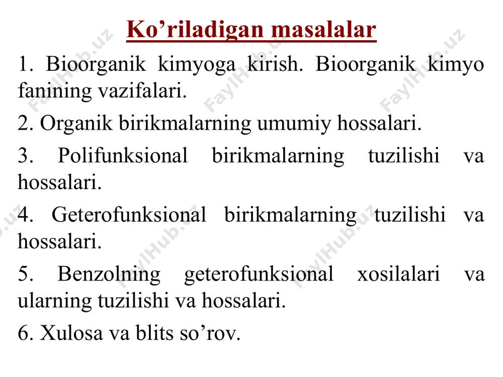 ‘p atomli spirtlar va fenollar xalqali ko‘p atomli spirtlar mezoinozitning geksafosfatining kalsiyli yoki kalsiy-magniyli tuzi fitin deyiladi va qon xosil bo‘lishida ishtirok etadi va asab sistemasini faoliyatini yaxshilaydi poliaminlar dikarbonil birikmalar va polikarbon kislotalar оксалат кислота қаҳрабо кислота (сукцинат) глутар кислота (глутарат) малон кислота (малонат) aromatik va to’yinmagan polikarbon kislotalar tereftal kislota ftal kislota malein kislota fumar kislota polifunksional birikmalarning reaksion qobiliyati polifunksional birikmalar bir tarafdan o‘zining funksional guruxiga hos monofunksional analoglariga o‘xshash reaksiyalarga va ikkinchi tarafdan guruxlarning o‘zaro ta’siri bo‘yicha – spetsifik reaksiyalarga kirishishadi. birinchi turdagi reaksiyalari – bu spirtlarga, aminlarga sn, karbonil birikmalarga an, karbon kislotalarga sn, to‘yinmagan guruxi bo‘lsa birikish reaksiyalaridir. polifunksional birikmalarning kislota asosli xossalari ko‘p atomli spirtlarning va polikarbon kislotalarning kislotali xossasi ortadi poliaminlarning asosli xossalari ortadi сн3nн2 < < sirka kislota oksalat kislota < < etanol etilenglikol mochevina guanidin keto-enol tautomeriya karbonil guruxini tutuvchi moddalarda α-uglerod atomidagi vodorod karbonil gurux va zanjir o‘rtasida xarakatchan …