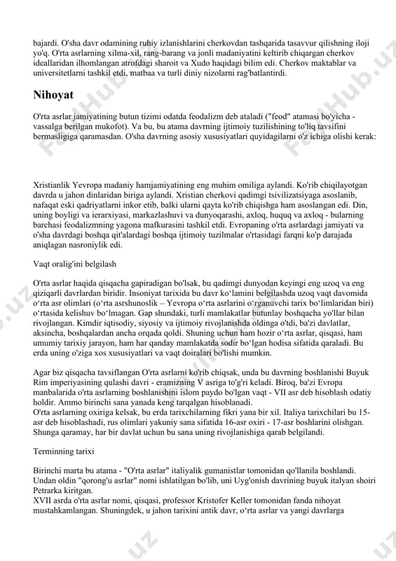 eodal ongida sodir bo'lgan va dastlab aristokratik xususiyatga ega edi. bundan shunday xulosa qilish mumkinki, demokratik erkinliklar yuqori tabaqalarning erkinlikka muhabbatidan kelib chiqqan. jamoatning roli o'rta asrlar diniy falsafasi har tomonlama ma'noga ega edi. cherkov va e'tiqod inson hayotini to'liq to'ldirdi - tug'ilishdan o'limgacha. din jamiyatni boshqarishni da'vo qildi, u juda ko'p funktsiyalarni bajardi, keyinchalik ular davlatga o'tdi. o'sha davr cherkovi qat'iy ierarxik qonunlar bo'yicha tashkil etilgan. boshida papa - rim oliy ruhoniysi bor edi. uning markaziy italiyada o'z davlati bor edi. barcha yevropa mamlakatlarida yepiskop va arxiyepiskoplar papaga bo‘ysungan. ularning barchasi eng yirik feodallar bo'lib, butun bekliklarga ega edilar. bu feodal jamiyatining eng yuqori qismi edi. din ta'sirida inson faoliyatining turli sohalari: o'rta asrlar fan, ta'lim, madaniyat. buyuk kuch cherkov qo'lida to'plangan edi. uning yordami va qo'llab-quvvatlashiga muhtoj bo'lgan keksalar va podshohlar unga sovg'alar, imtiyozlar berishdi, yordam va iltifot sotib olishga harakat qilishdi. shu bilan birga, o'rta asrlar odamlarga …