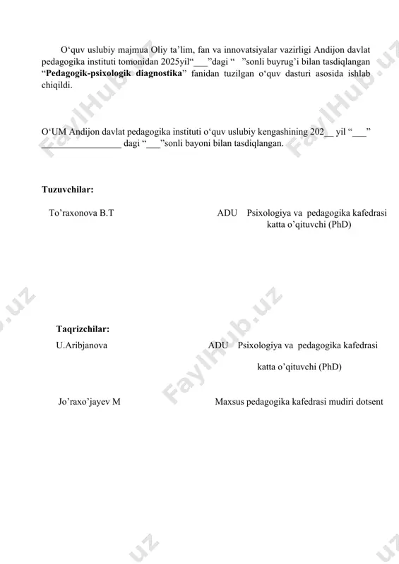 blangan o‘zbekiston respublikasi “ta’lim to‘g‘risida”gi, “bola huquqlarining kafolatlari” kabi qonunlarida jamiyatda sog‘lom turmush tarzini yanada shakllantirish, aholi sihat salomotligini yanada mustaxkamlashga qaratilgan aniq chora-tadbirlar kompleksini ishlab chiqarish va ma’naviy jihatdan boy yosh avlodni tarbiyalash uchun barcha shart-sharoitni belgilab berilgan. keyingi yillarda davlatimiz tomonidan rivojlanishida muammolari bo‘lgan bolalarni ta’lim-tarbiyasining samaradorligini oshirishga qaratilgan bir qancha ishlar olib borildi va borilmoqda. bu kabi ishlarning barchasi alohida yordamga muhtoj, rivojlanishida muammolari bo‘lgan bolalarni, o‘smirlarni hayotga, mehnatga tayyorlashda muhim ahamiyat kasb etadi. bu o‘rinda alohida yordamga muhtoj bolalarni ta’limga jalb etish, ularning ta’limdagi imkoniyatlarini aniqlash ishlari ham muhim ahamiyatga egadir. pedagogik-psixologik tashxis ishlarining to‘g‘ri yo‘lga qo‘yilishi bu toifadagi bolalarni maktab ta’limini muvaffaqiyatli o‘zlashtirishlariga ijobiy ta’sir ko‘rsatadi. psixik va jismoniy rivojlanishida nuqsoni bo‘lgan bolalar o‘quv-tarbiyaviy jarayonini muvaffaqiyatli amalga oshirish, korreksiyalashga yo‘naltirilgan pedagogik vositalardan to‘g‘ri foydalanish, psixik va jismoniy nuqsonlari bo‘lgan (aqli zaif, kar, zaif eshituvchi, nutqida nuqsoni bo‘lgan, ko‘zi ojiz, zaif ko‘ruvchi) bolalarni o‘xshash holatlardan farqlash; …