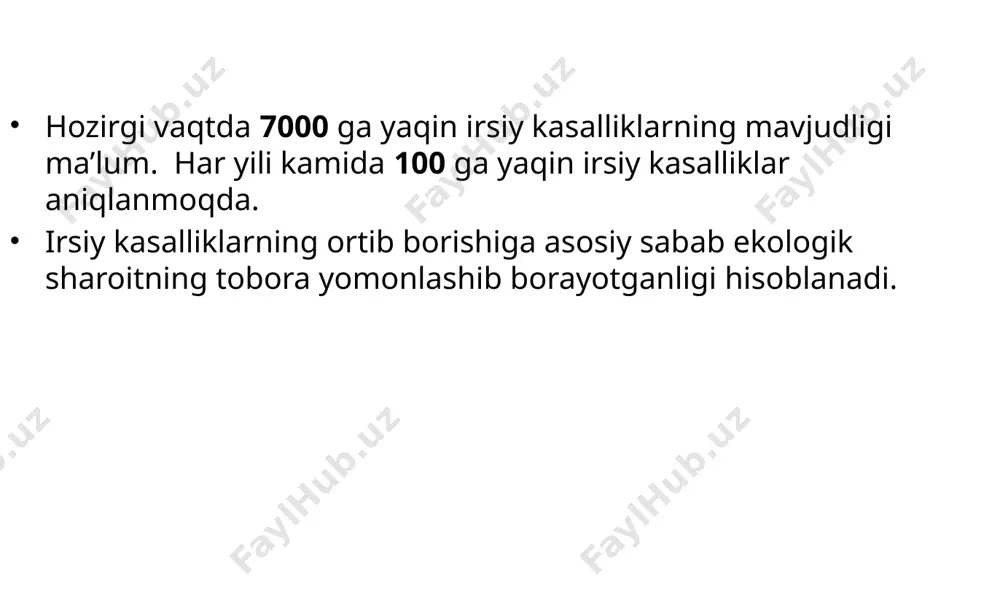yoki 5000 ta qiz boladan 1 tasida uchraydi. belgilari: ikkilamchi jinsiy xususiyatlar kam bo’yinning va bo’yning pastligi jinsiy rivojlanishda orta qolish bo’yinning orqa tarafiga soch o’sishi quloqlarning deformatsiyasi x tipdagi oyoqlarning bo’lishi mushuk chinqirig’i sindromi mushuk sindromi kasalligi beshinchi xromosomaning mutatsiyasi sabab kelib chiqadi. kasallik 45 mingta boladan 1 tasida uchraydi. bosh suyagining tuzilishidagi o’zgarishlar, rivojlanishning kechikishi sabab xarakterli yig’lash kuzatiladi. kasallik irsiylanish xarakteriga ega bo’ladi. belgilari: chiqarilgan tovushlar miyovlashga o’xshaydi bu tovush bir yoshga kelib yo’qoladi bosh suyagi deformatsiyasi, pastki jag’ining kam rivojlanganligi ko’zlarning joylashish shaklining o’zgarishi vaznning kamayishi, aqliy zaiflik wolf- hirschhorn sindromi shuningdek pitt sindromi deb ham ataladi. bu turli xil jismoniy va psixologik alomatlarni keltirib chiqaradi. 4-juft xromosomaning kichik yelkasida ayrim genlarning bo’lmasligi tufayli o’g’il va qizlarda uchraydi. belgilari : burun ko’prigi tekis va juda keng, peshonasi baland og’zi va burun o’rtasidagi farq juda qisqa. ko’zlari odatda sezilarli darajada katta. og’iz burchaklari “teskari tabassum” ni hosil …