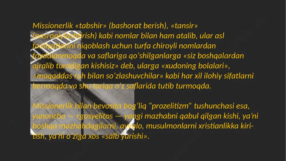 milliy ma’naviyati, urf-odat va an’analari, milliy mentaliteti diniy ta’limot sifatida shakllangan bo‘lib, missionerlik va prozelitizm xalning milliy o‘zligidan begonalashuviga, manqurtlashuviga, davlatning ichki hayotida milliy, diniy, ijtimoiy ziddiyatlarning chuqurlashuviga sababchi bo‘ladi. shuning uchun ham bugungi kunda o‘zbekistonda fuqarolik jamiyati qurish jarayonlarida milliy istiqlol mafkurasining asosiy g‘oyalarini fuqarolar ongi – tafakkuriga singdirishdir e'tiboringiz uchun rahmat!!! image1.png image2.png image3.png image4.jpeg